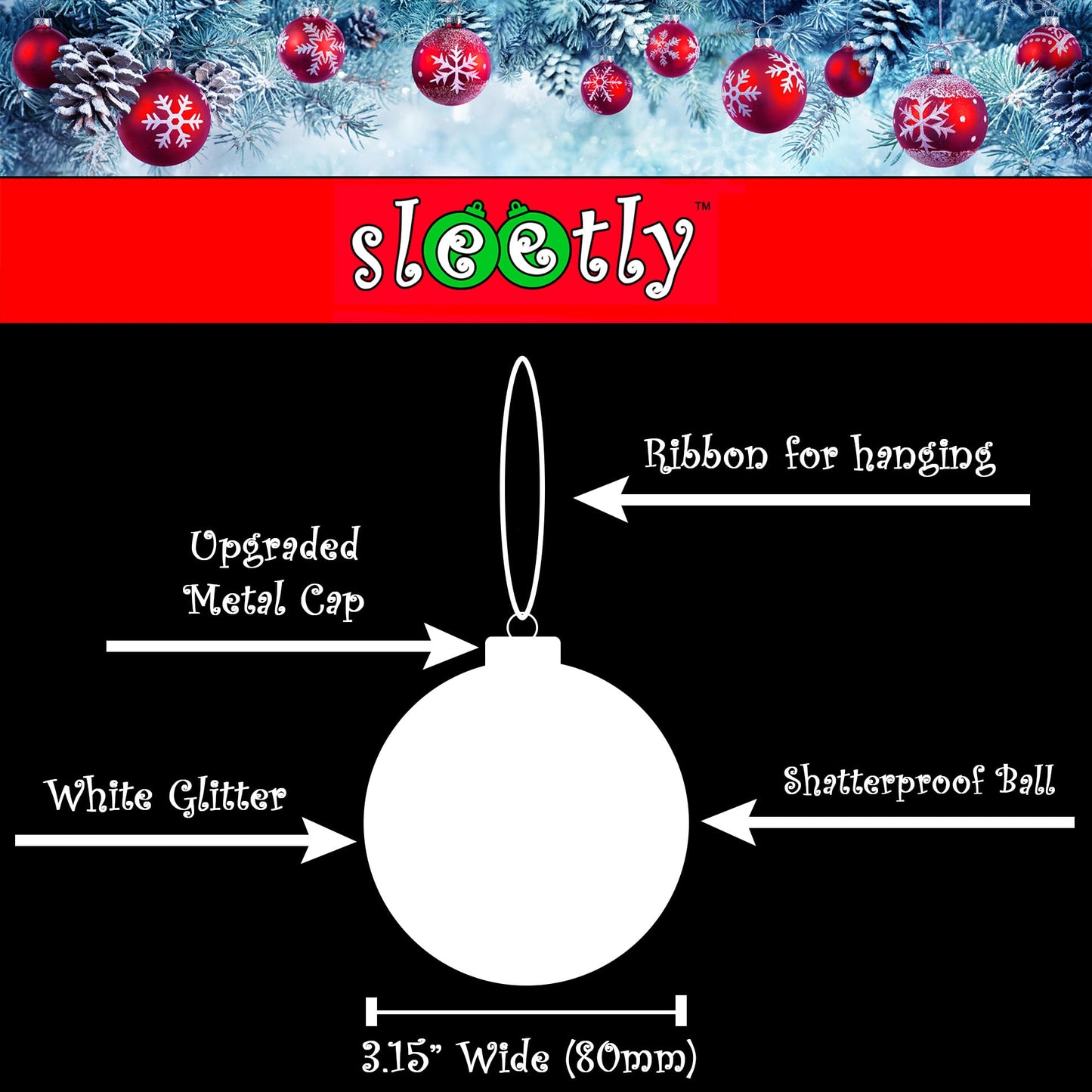 SLEETLY 28-Piece White Christmas Tree Ornaments – 12 Large 3.15” Shatterproof Glitter Snow Balls with 8 Icicles and 8 Snowflakes Set – Elegant Holiday Xmas Decorations for Farmhouse Winter Decor
