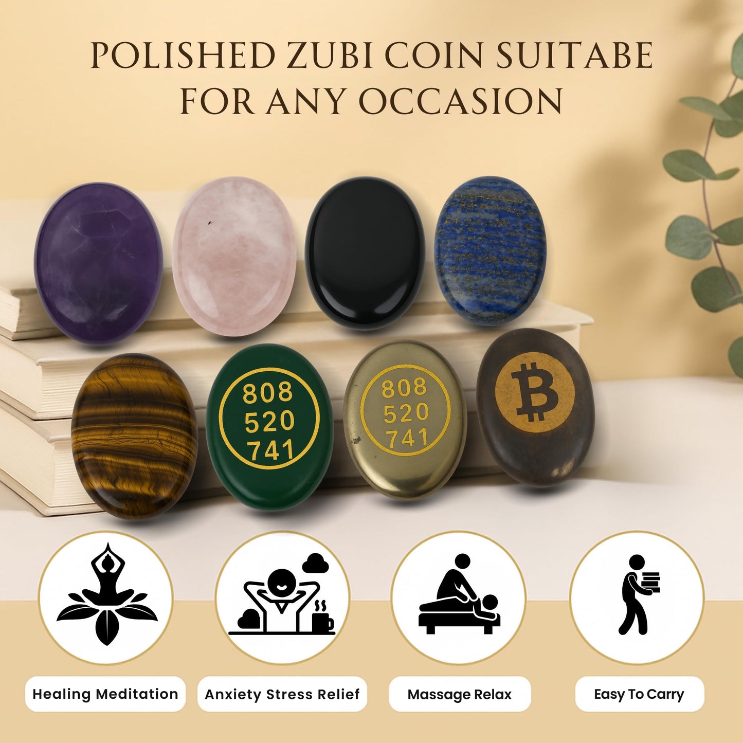 TRRYSTALS Natural Amethyst Zibu Coin | Spiritual Meditation Zibu Token | Gemstone Crystal Sacred Symbol Stone for Mindfulness Decor, Collectible Stone,Meditation Accessory
