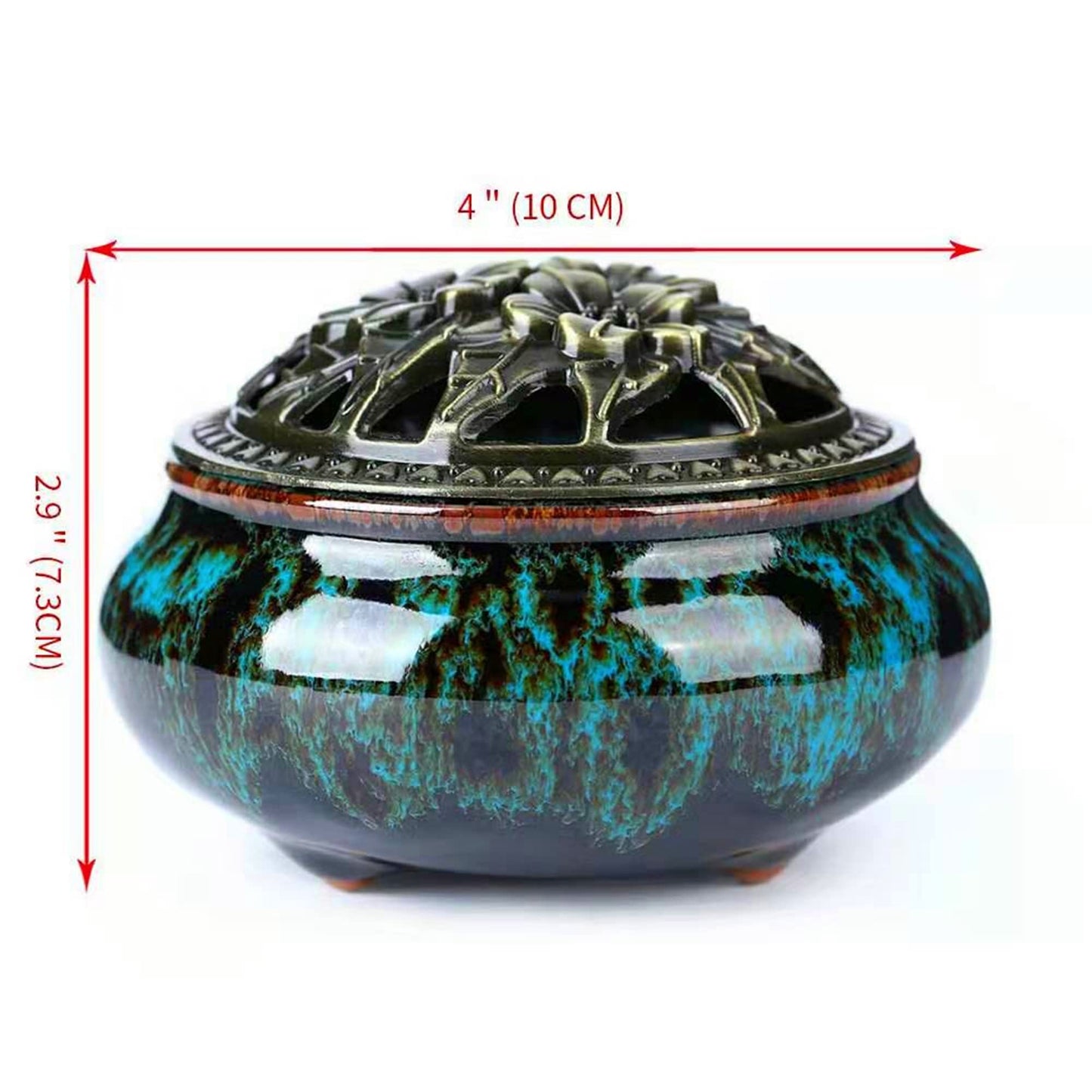 LamDawn Censer Sky Blue Incense Burner with Calabash Incense Stick Holder - Porcelain Charcoal Censer for Use with Resin Granular Powder Cone or Coil Incense (Blue Fambe)