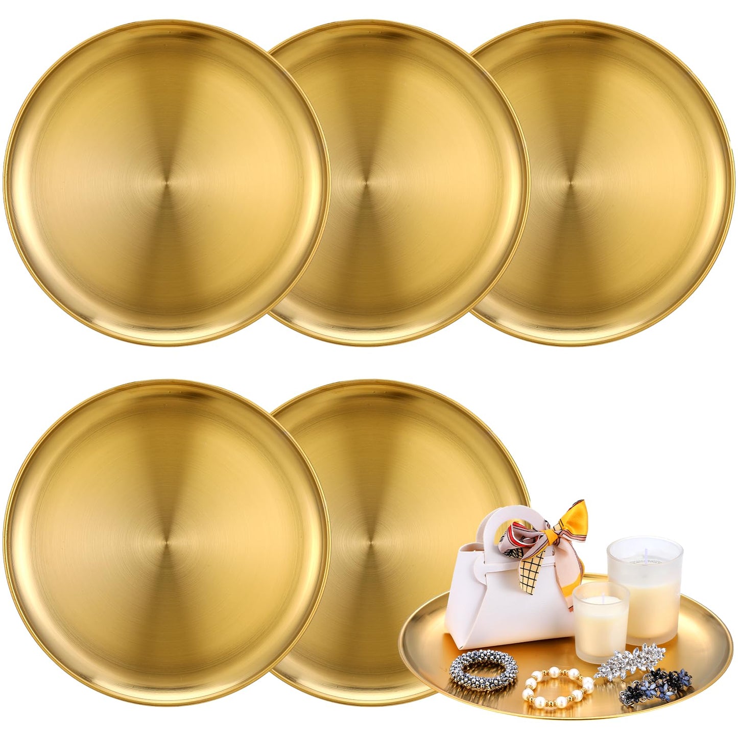 6 Pcs 12 Inch Round Gold Tray - Large Gold Tray Decorative Serving Bar Dish Key Bowl Mirror Dresser Vanity Tray for Jewelry Makeup Organizer, Bathroom, Candle, Perfume, Countertop