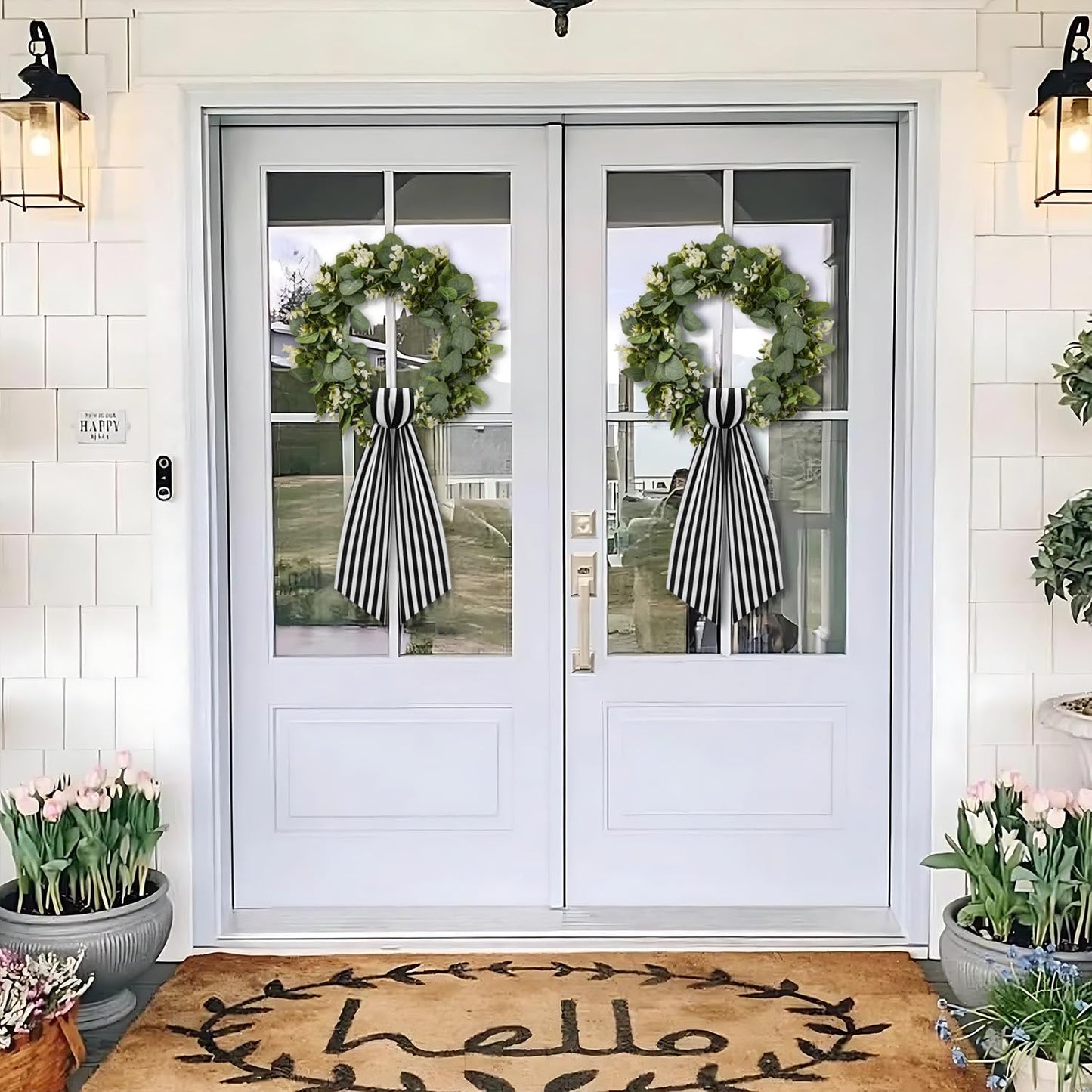 2 Pack Boxwood Wreath Sash Garland for Front Door Porch Decor (Black and White Stripe)