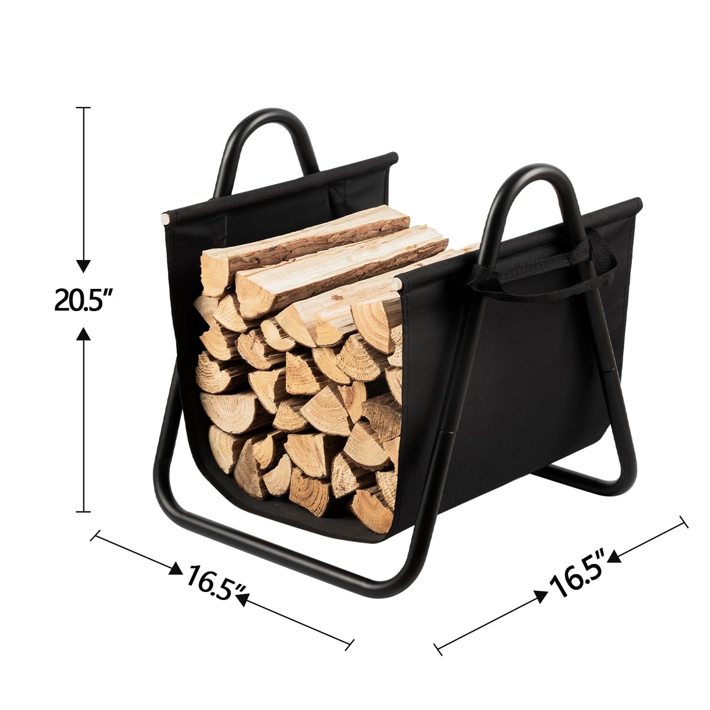 AMAGABELI GARDEN & HOME Fireplace Log Holder with Canvas Firewood Rack Indoor Tote Carrier Metal Wood Rack Black Firewood Holders Storage Heavy Duty Logs Stacker Basket with Handles Kindling