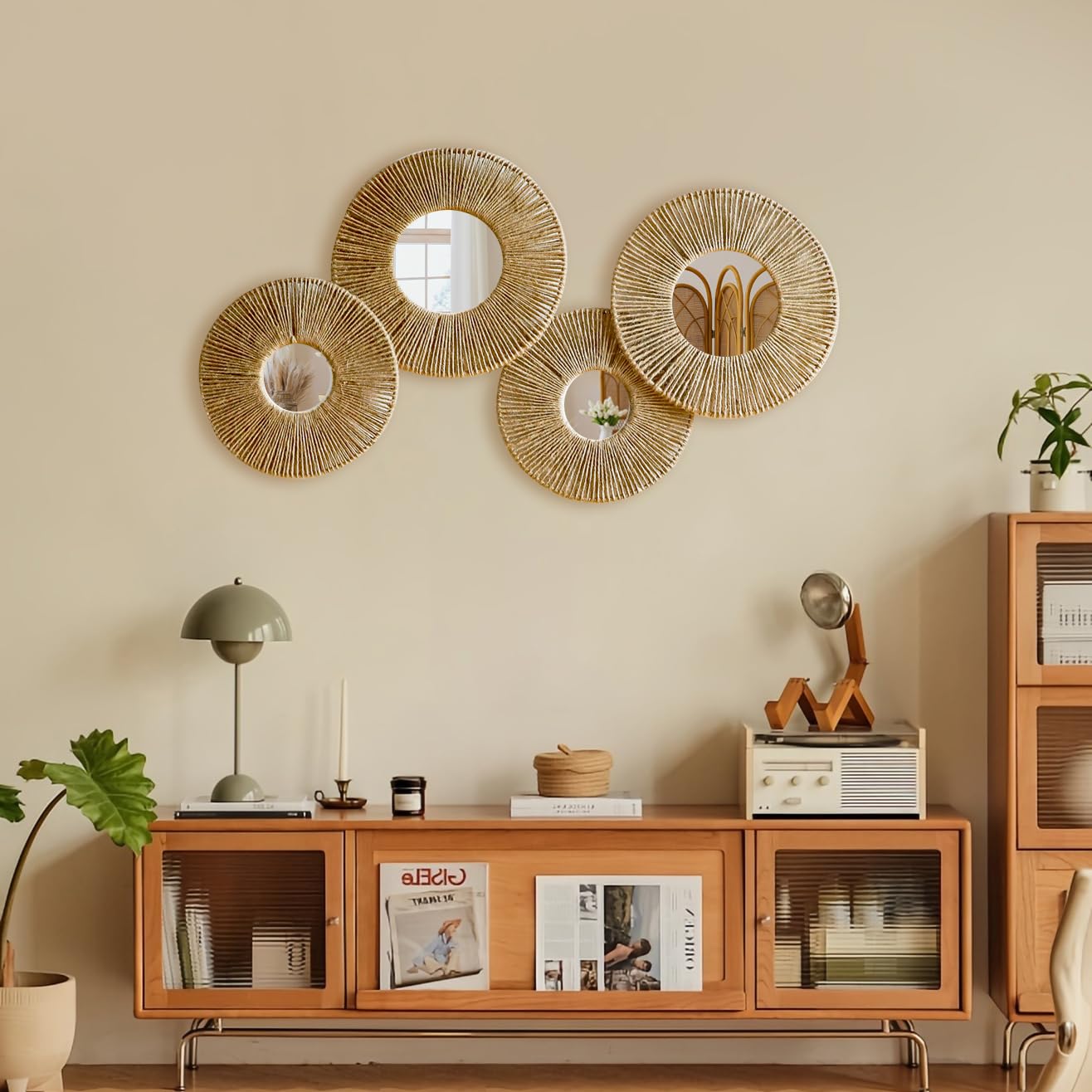 Artilady 4 Pack Hanging Baskets Wall Art - Decorative Woven Wicker Basket Boho Wall Hanging, Rustic Round Mirrors Natural Jute Home Decor Set for Bedroom Living Room Nursery