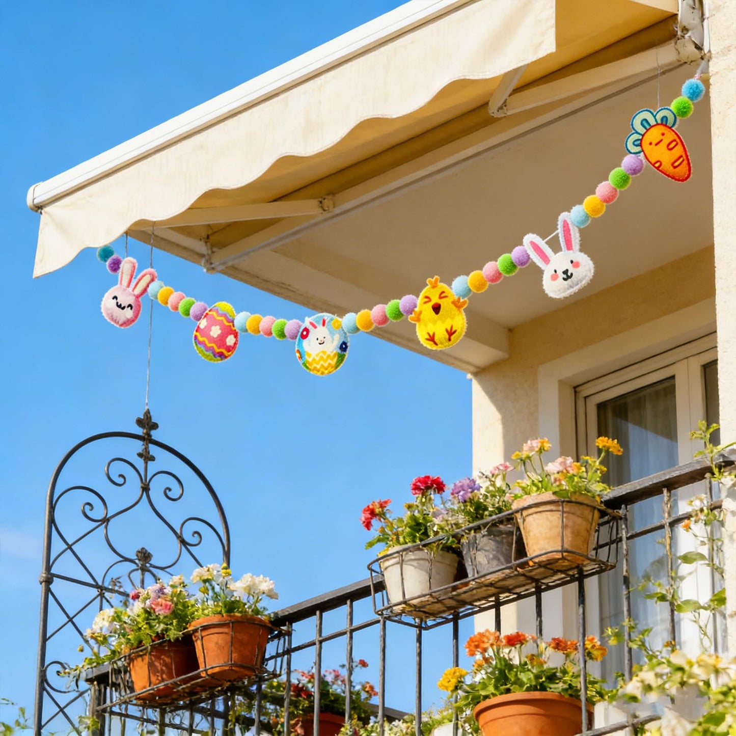 6.5ft Easter Garland Decorations, Handmade Felt Bunny Chick Carrot & Egg Pom Pom Garland, Farmhouse Spring Mantel Decor for Home Fireplace Wall Reusable Easter Banner for Indoor Party