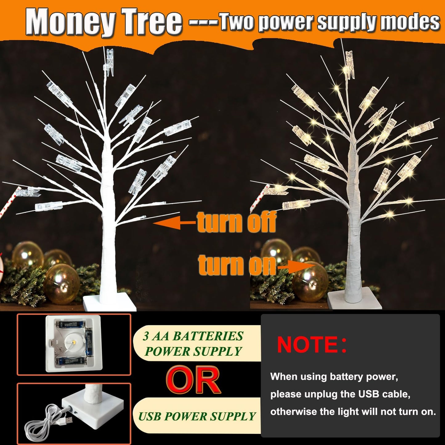 2Ft Money Tree Gift Holder with 24 LED Lights & 12 Clips, Battery/USB Powered Lighted Birch Tree for Displaying Cards, Photos - Ideal for Christmas, Wedding, Birthday, Graduation Decor