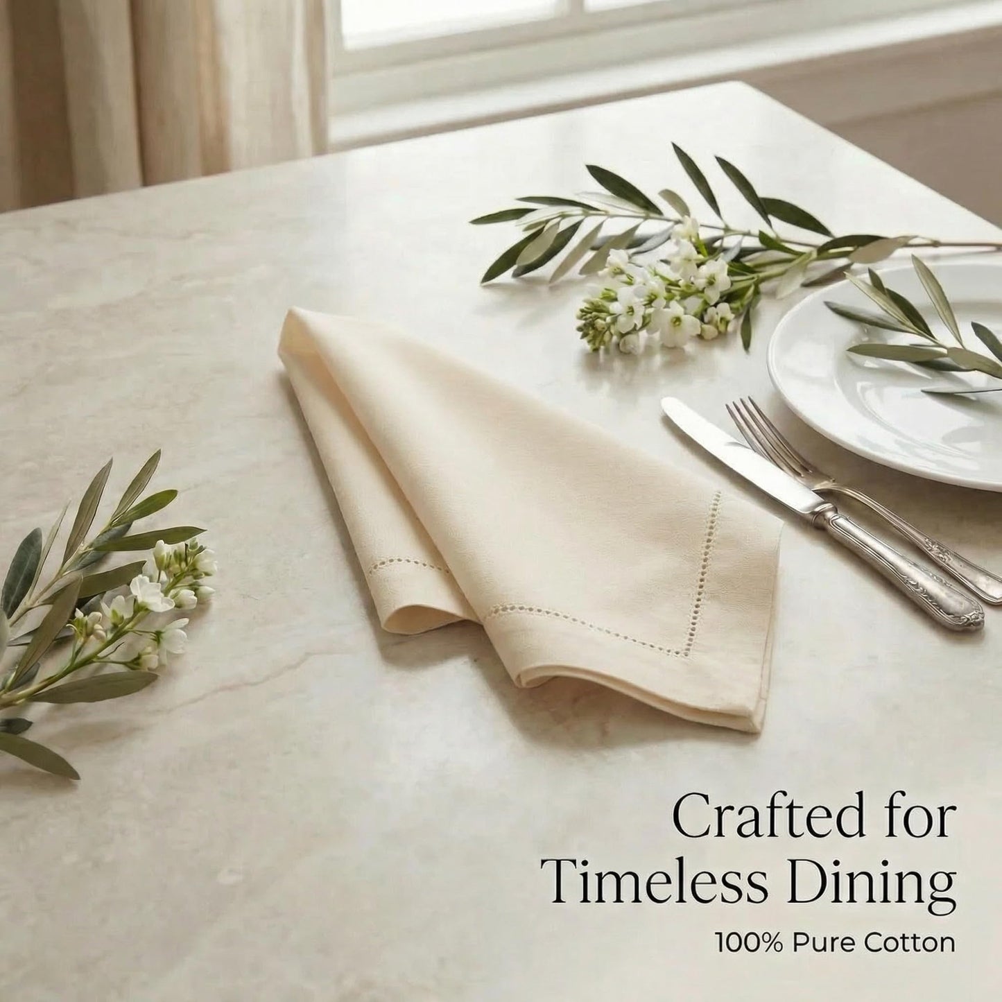 Urban Villa Cloth Napkins 100% Cotton Highly Absorbent Washable Reusable Premium Dinner Napkins Ideal for Gifts for Mothers Day Hotel Farmhouse Parties - Ivory Hemstitch (20" x 20", Set of 12)