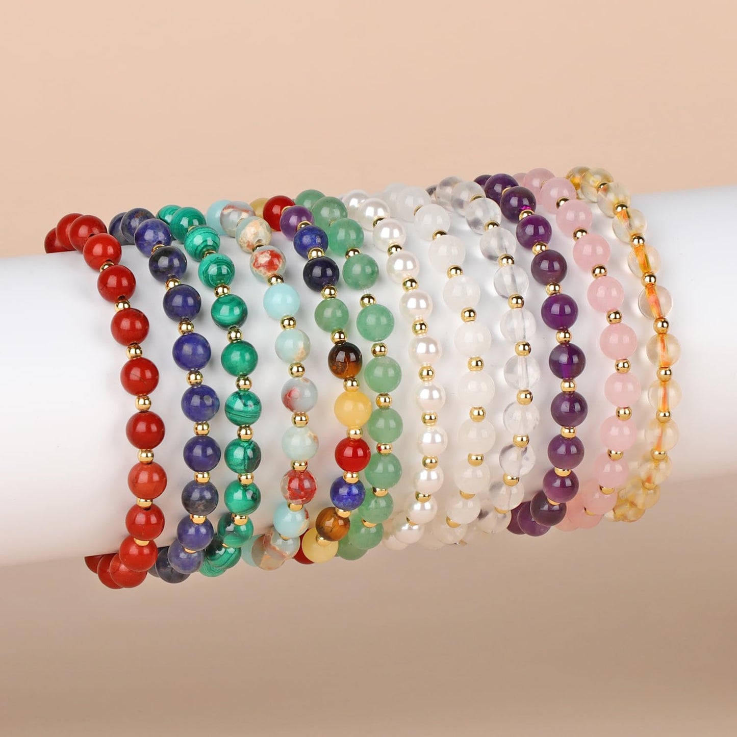 QOGIR Multicolor Beads - A Burst of Vibrant Energy - 14k Gold Plated Beads Natural Gemstone Stretch Elastic Dainty Healing Beaded Bracelets Gifts 2x4mm