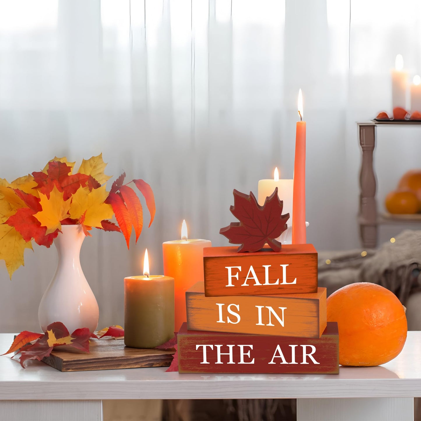 4 PCS Fall Maple Leaf Wooden Table Block Sign Thanksgiving Wood Tiered Tray Decor Fall is in the Air Block Centerpiece Rustic Farmhouse Table Decorations for Autumn Thanksgiving Home Desk Shelf Decor