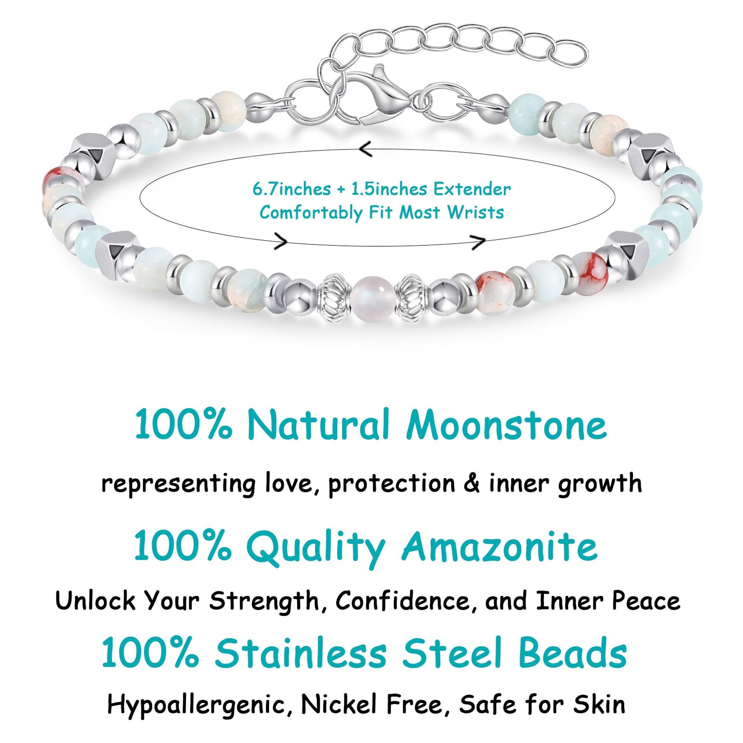 MFTRADING Moonstone Beaded Bracelet for Women - Adjustable Silver Boho Healing Crystal Jewelry Graduation Gift for Sister, Daughter, Niece, Mom