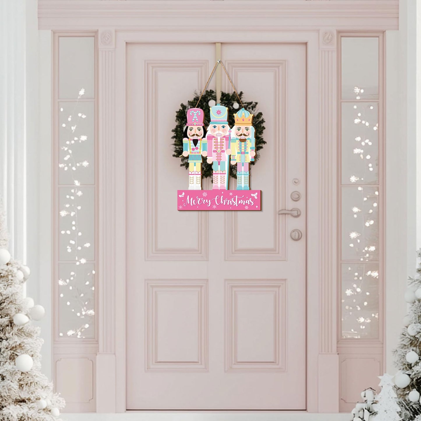 Whaline Christmas Wooden Hanging Sign Xmas Pink Blue Nutcracker Welcome Wood Sign Holiday Door Decor Signs for Indoor Outdoor Porch Wall