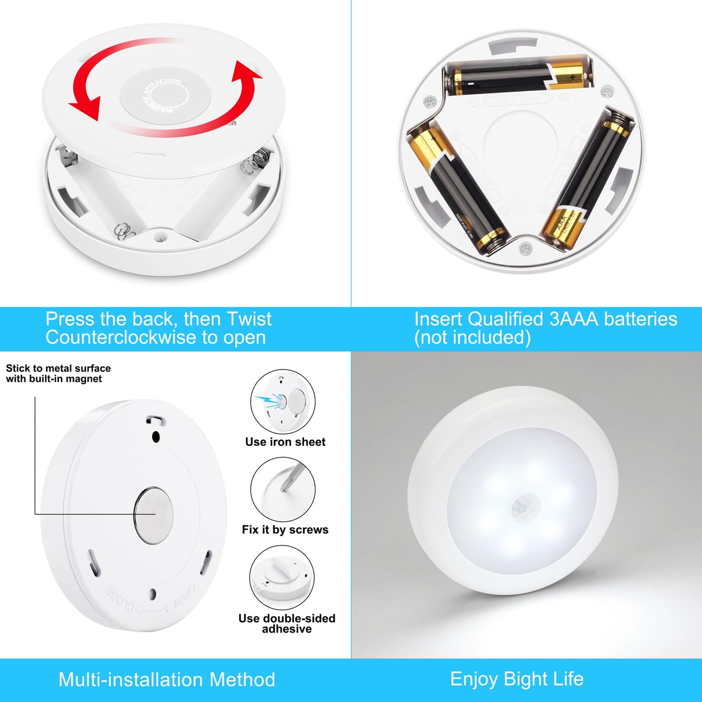 Mlambert 4 Pack Motion Sensor LED Night Light, Cordless Battery-Powered Stick-on Magnet Closet Lights, Safe Lights for Stairs, Cabinet, Cool White