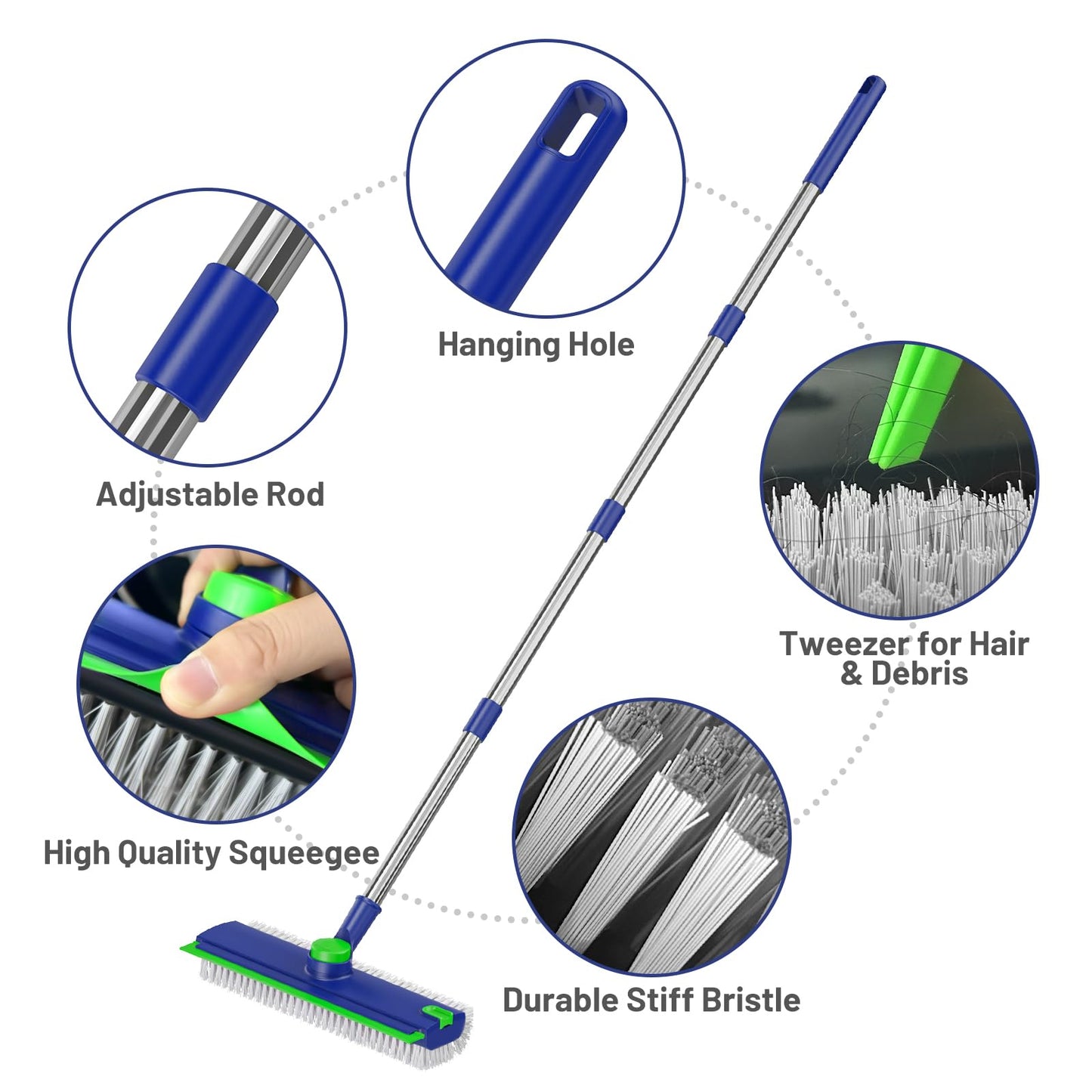EHADOO Floor Scrub Brush with Long Handle: 3 in 1 Heavy-Duty Floor Scrubber Brush with Squeegee for Cleaning Tile Bathroom Deck Kitchen Patio - Blue