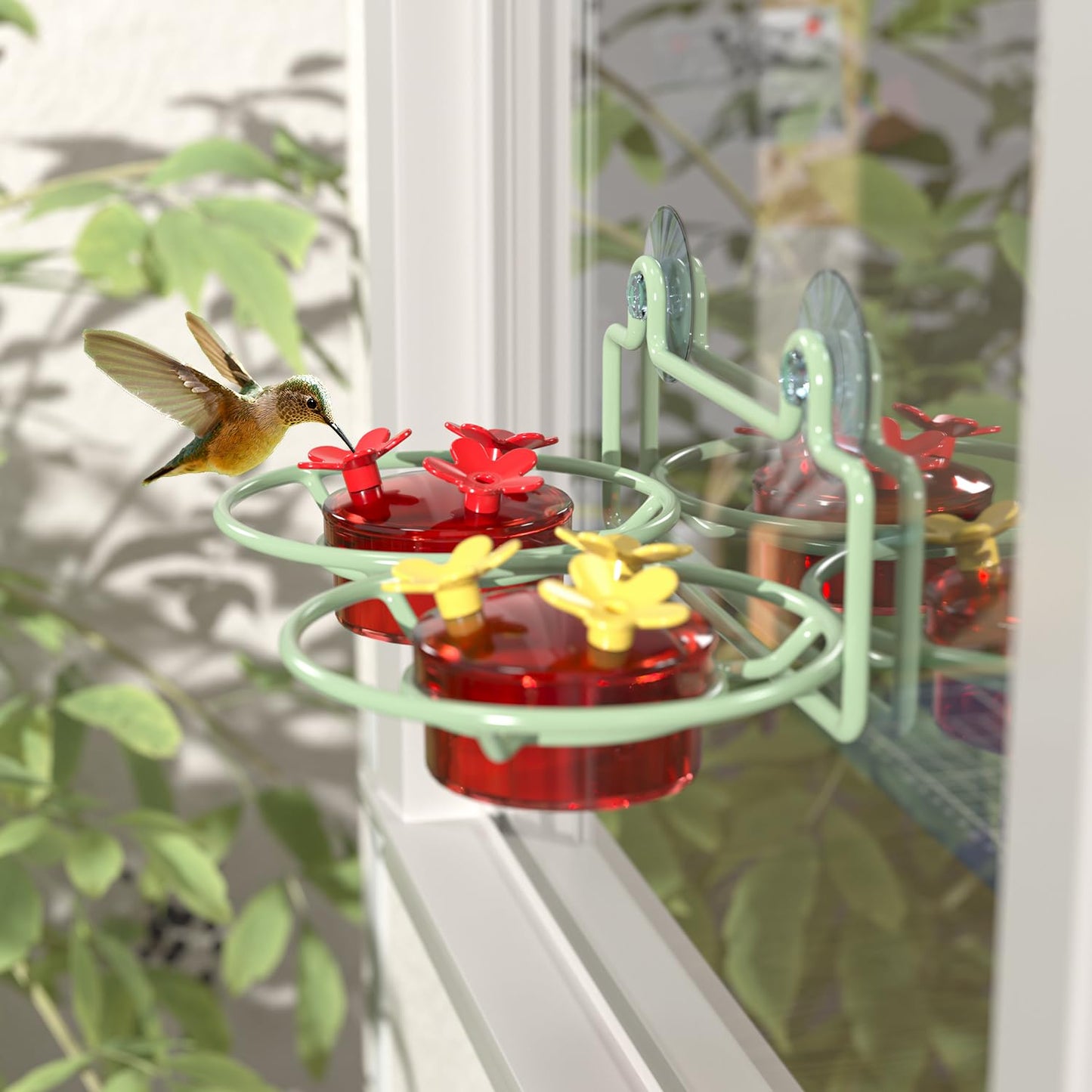 Dreamdrawer Window Hummingbird Feeder, Small Hummingbird Feeder for Outdoors with Strong Suction Cup - Metal Base & 6 Feeding Ports, Easy to Clean and Refill