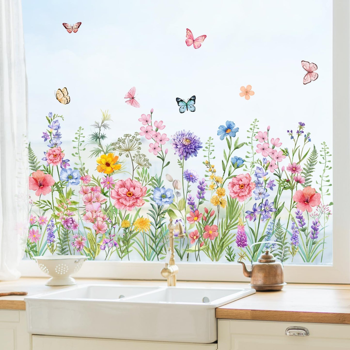 Supzone Colorful Wildflower Static Window Clings Double Sided Spring Summer Flower Butterflies Window Decals Anti-Collision Glass Door Mirror Decals
