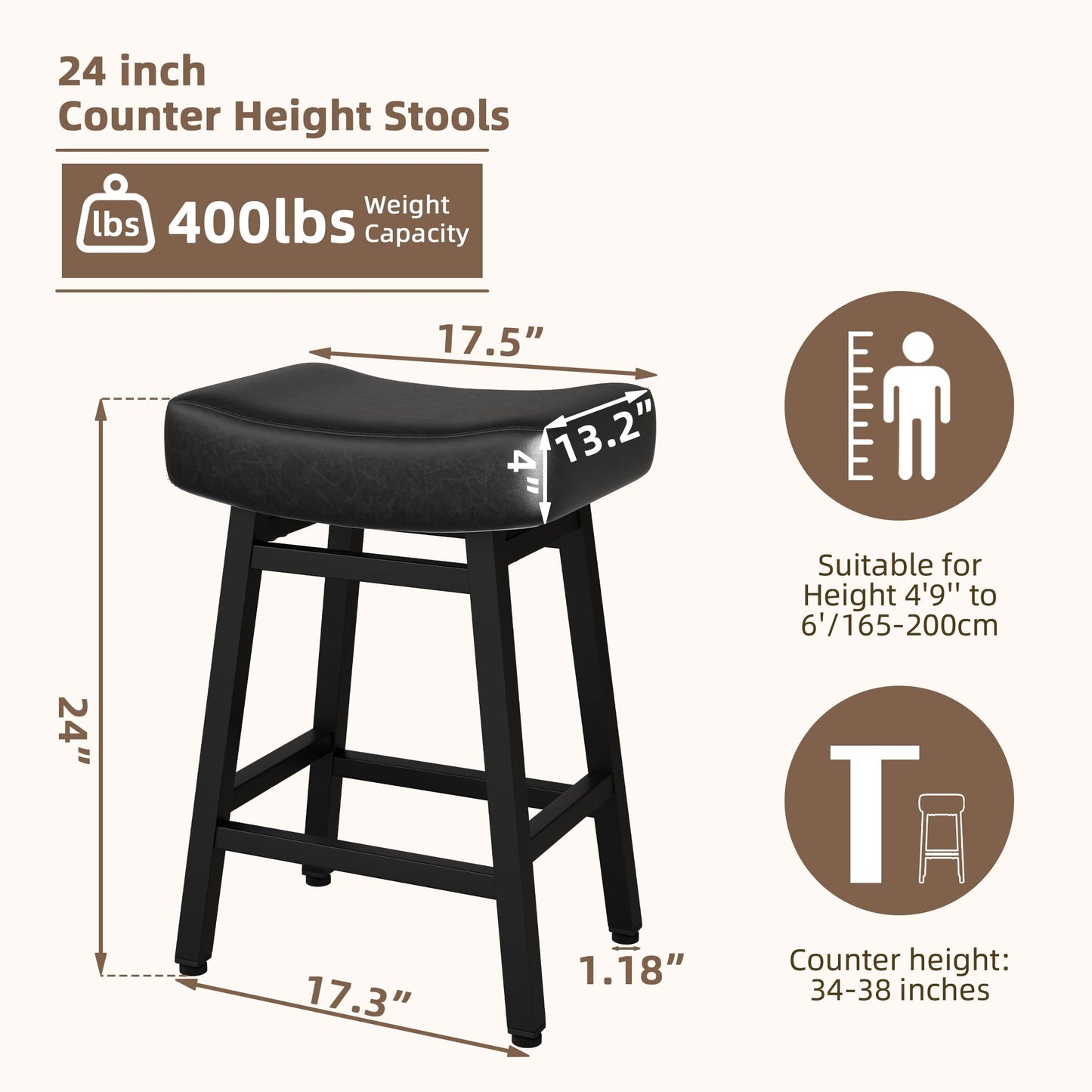 LONXIU Counter Height Bar Stools Set of 2, 24 Inch Backless BarStools for Kitchen Island Leather Saddle Bar Chairs Kitchen Stools with 4" Thick Seats & Heavy Duty Metal Base, Black
