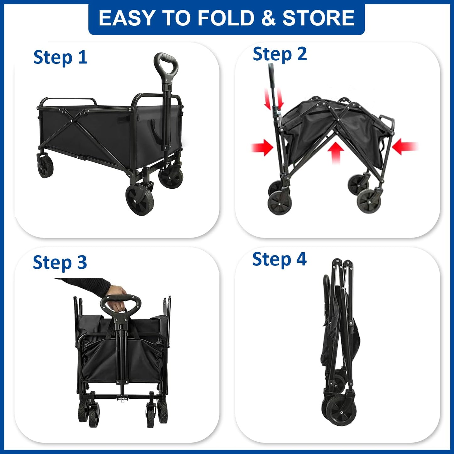 SAILARY Collapsible Wagon Cart Foldable Portable Heavy Duty Folding Beach Wagons, Outdoor Utility Carts with Large Capacity for Grocery, Camping, Shopping, Fishing, Sports, Garden Black
