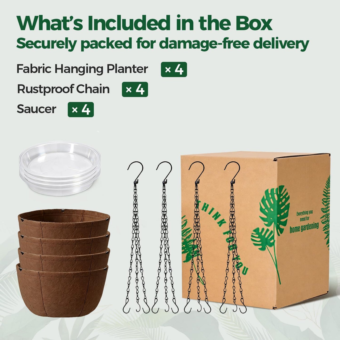 T4U Hanging Planters for Outdoor Plants, 10 Inch 4 Pack Fabric Hanging Baskets with Drainage Tray, Decorative Hanging Pots for Plants Outdoor Patio Porch Garden Use(Brown)