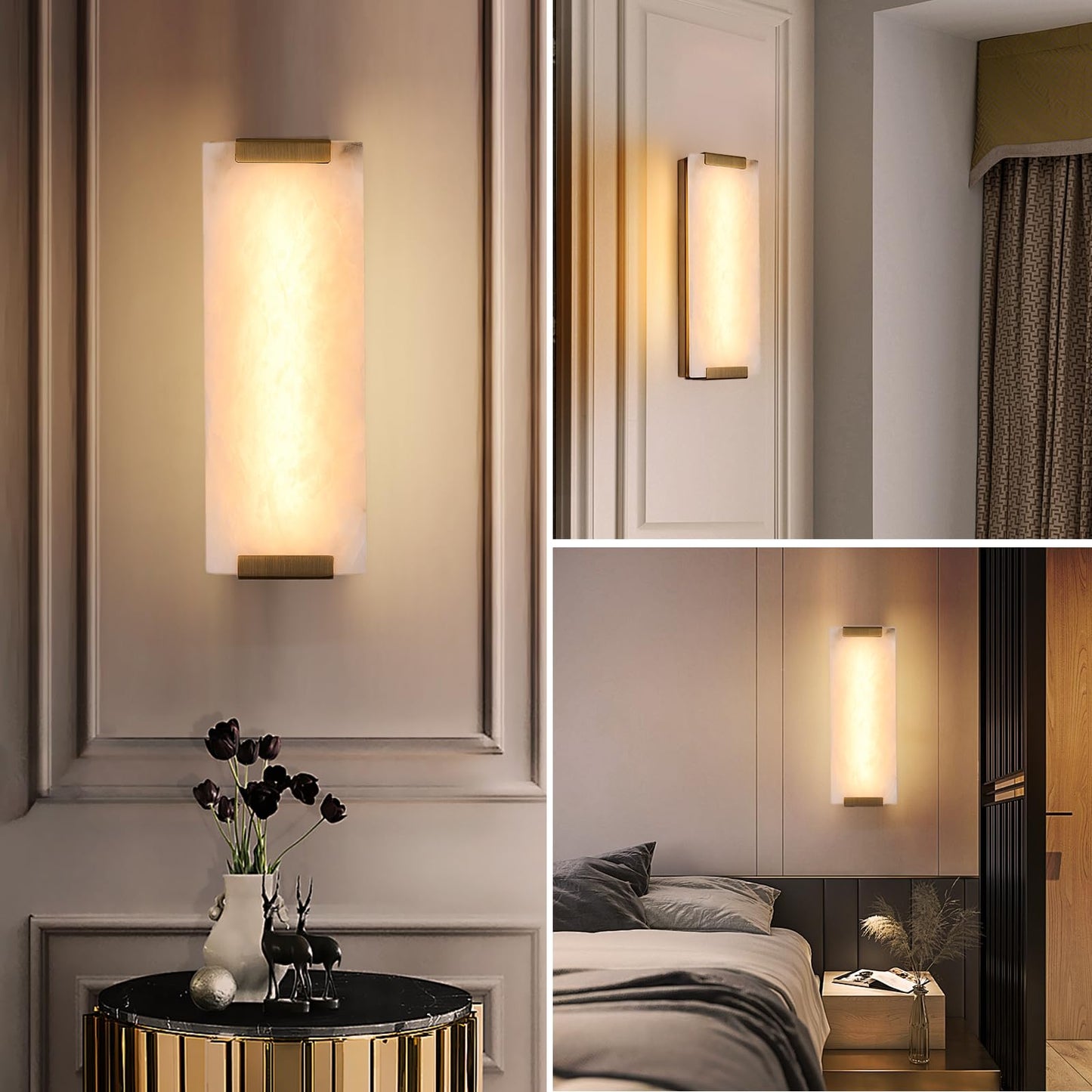 HOMLUCE 14.2in Alabaster Wall Sconce, Large Natural Marble Wall Light Decor, LED Modern Wall Lamp for Bedroom, Stairs, Living Room, Vanity, Bedside, Hallway (Brushed Bronze 12W)