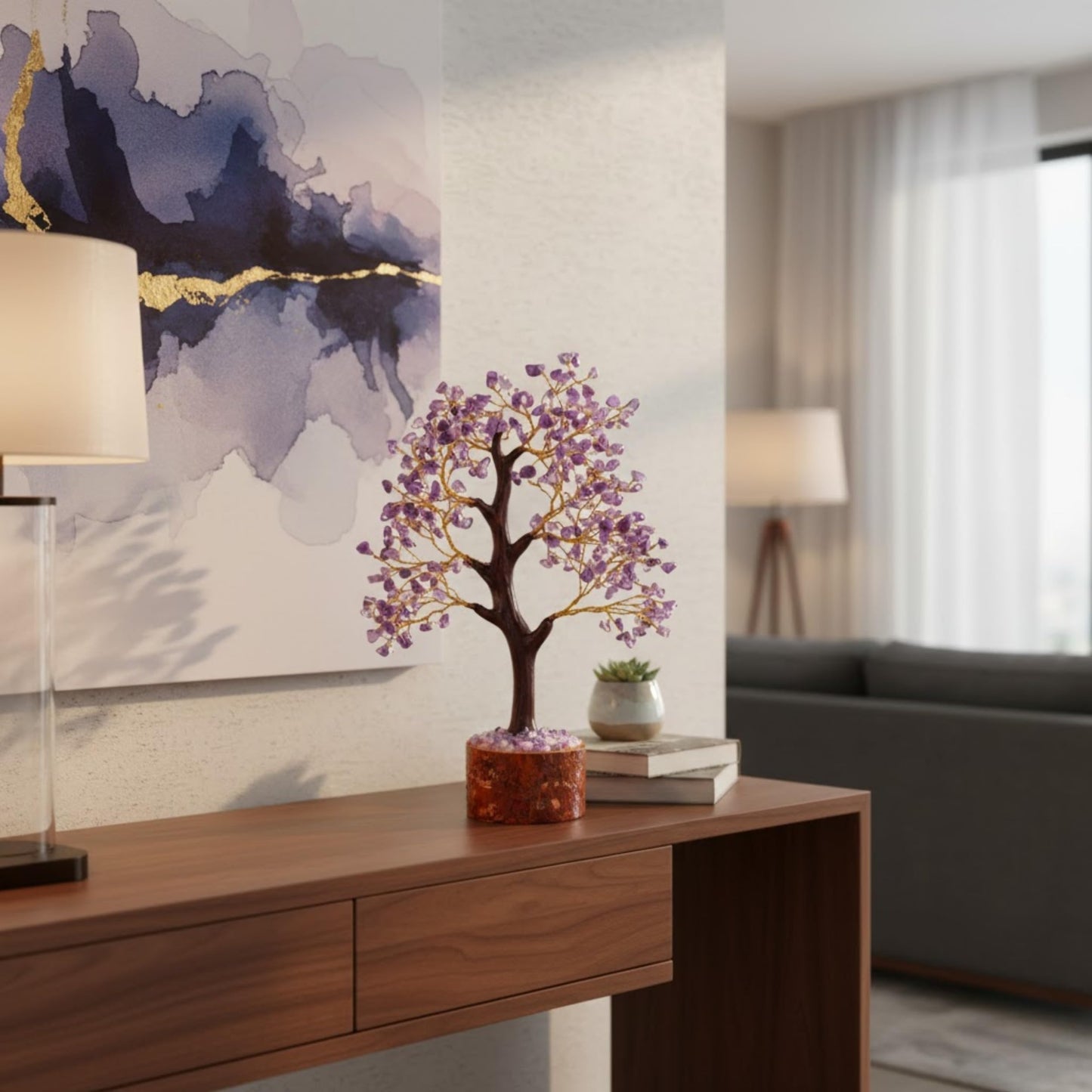 Amethyst Decorative Tree with Stone Chips, Handcrafted Wire Tree for Home Décor, Desk Display, Office Accent and Gifting