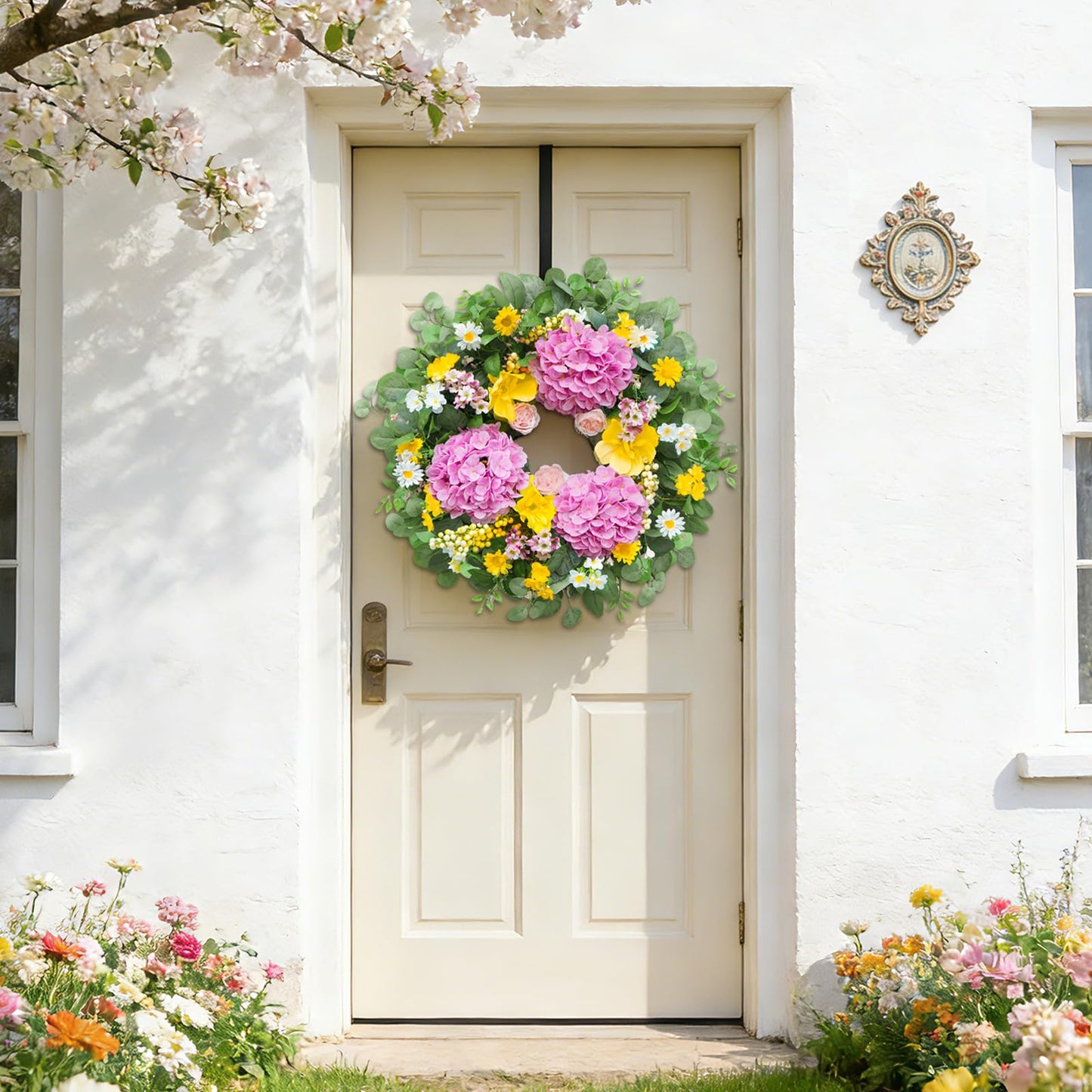 Rimalo 24 Inch Spring Summer Wreaths for Front Door - Summer Wreath with Vibrant Hydrangea, Roses, Daisies and Yellow Berries for Porch, Mantel, Farmhouse Home Decor, Outdoor Artificial Flower Wreath