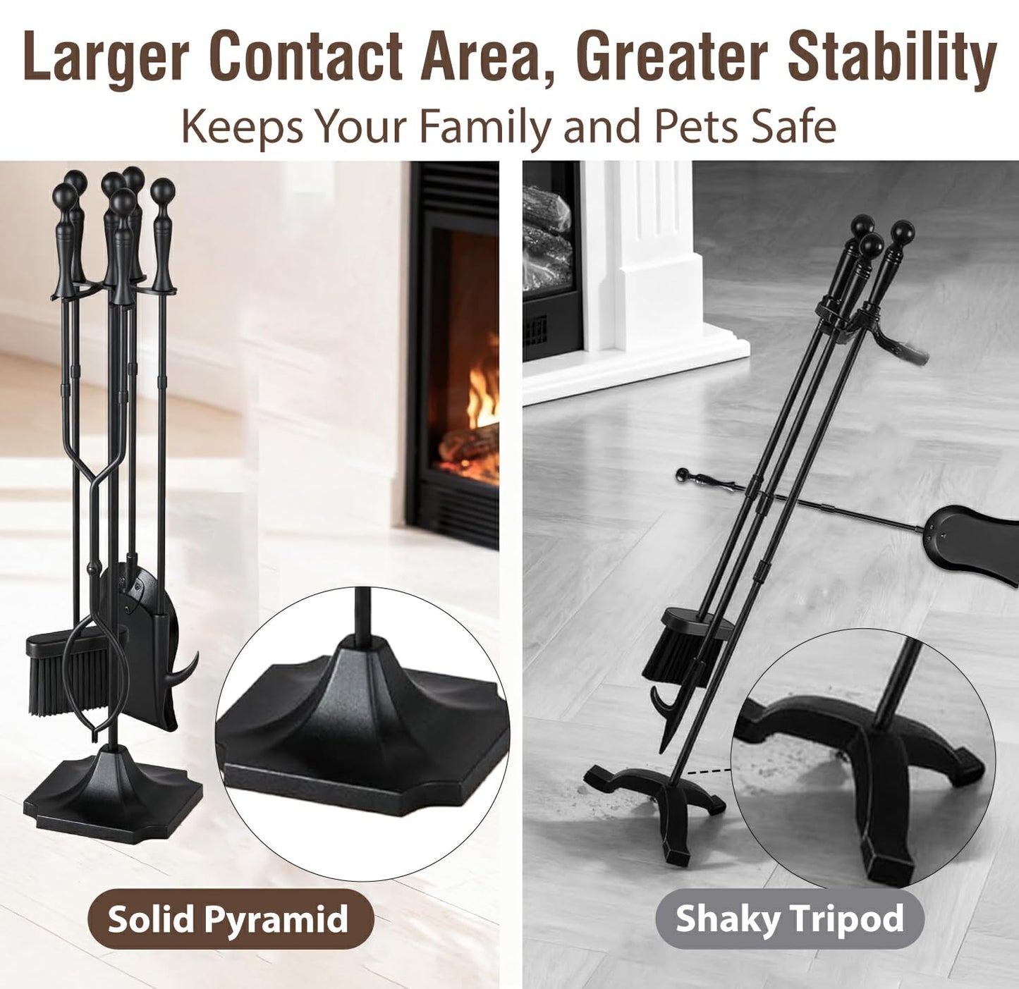 AMAGABELI Garden & Home 5 Pcs Fireplace Tools Set 31 Inch Indoor Black Handle Wrought Iron Large Fire Tool Accessories Set Holder Outdoor Fireset Modern Fire Pit Stand with Poker Brush Shovel Tong