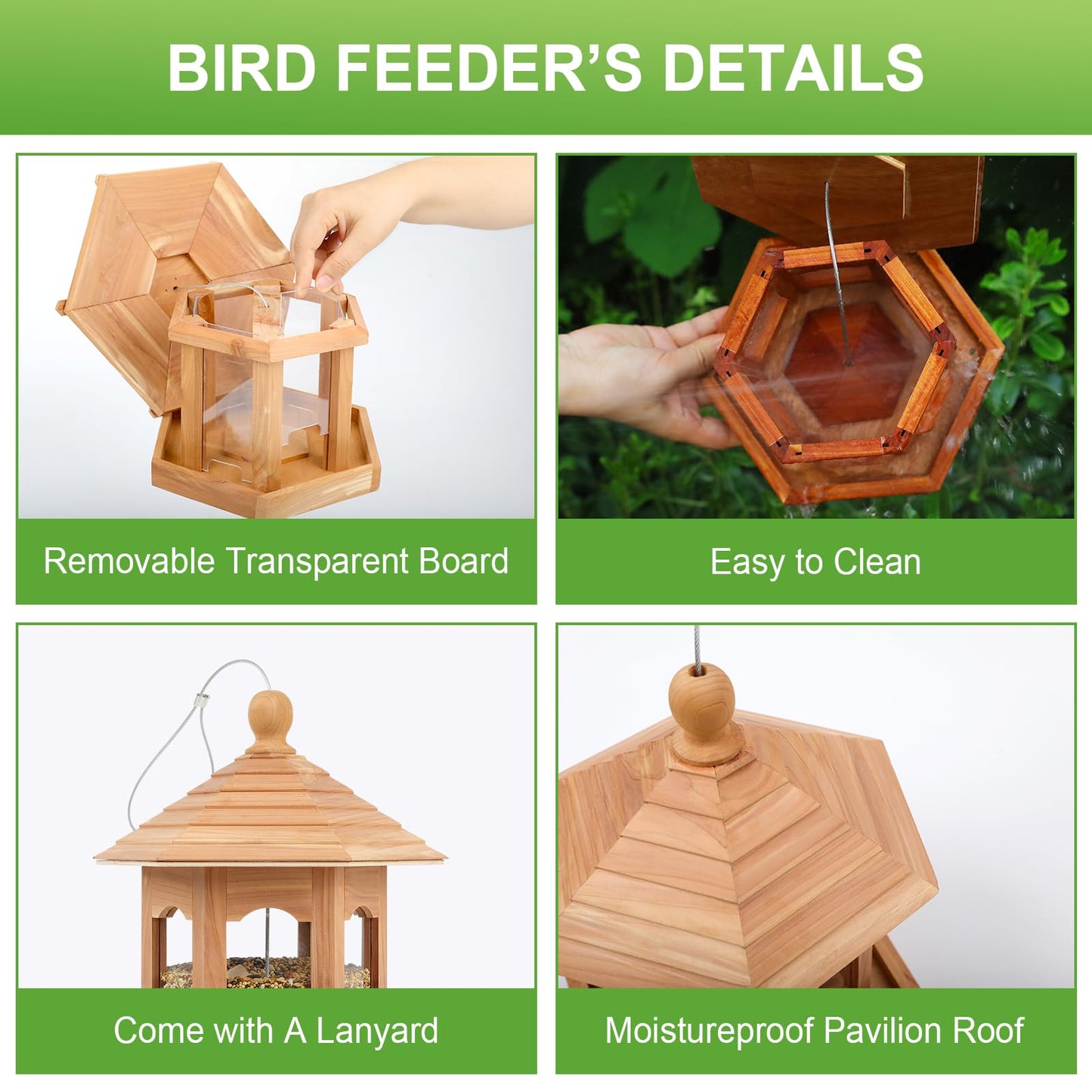 Liawm Wooden Bird Feeder for Outdoors Hanging, Red Cedar Hexagon Shaped Large Capacity, Cardinal Birdfeeder for Garden Decoration Yard, Weatherproof and Durable(Large)
