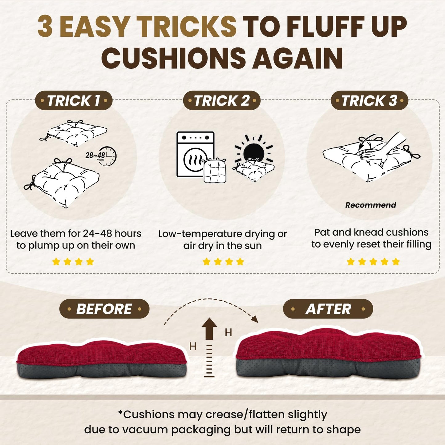 downluxe Indoor Chair Cushions for Dining Chairs, Tufted Overstuffed Textured Kitchen Chair Pads with Ties and Non-Slip Backing, 15.5" x 15.5" x 4", Red, 6 Pack