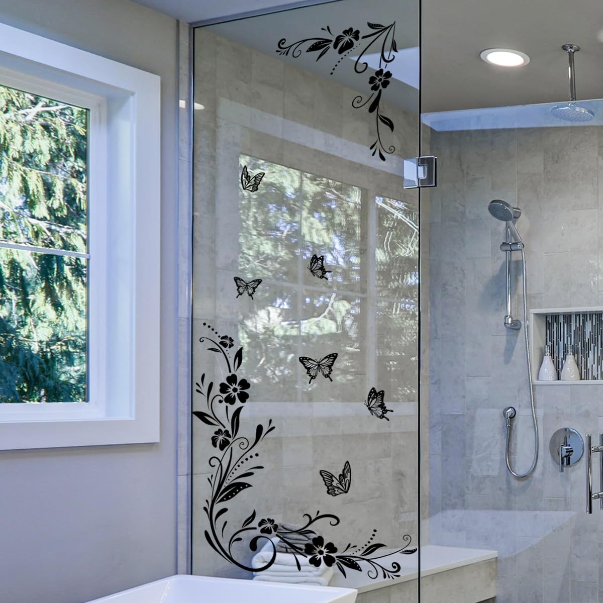 Runtoo Flower Vines Wall Stickers Black Floral Anti-Collision Window Cling Decals Butterfly Glass Door Wall Decor for Bathroom Living Room Bedroom Nursery Office Decoration