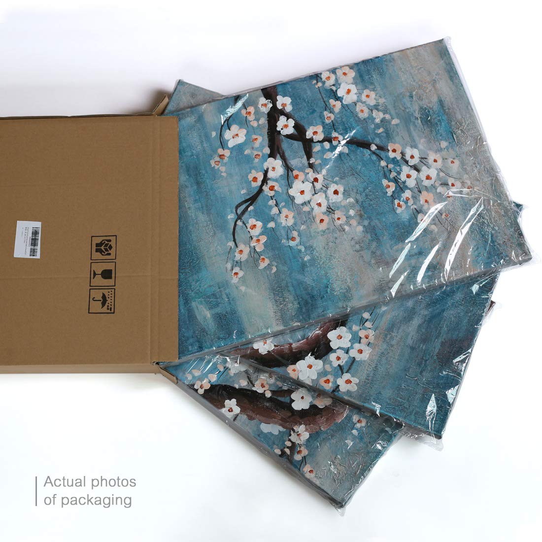 amatop Wall Art for Living Room 100% Hand-Painted Flower Oil Painting On Canvas Gallery Wrapped Large Framed Floral Plum Blossom Tree Teal Blue Artwork for Home Bedroom Decor 48"x24"