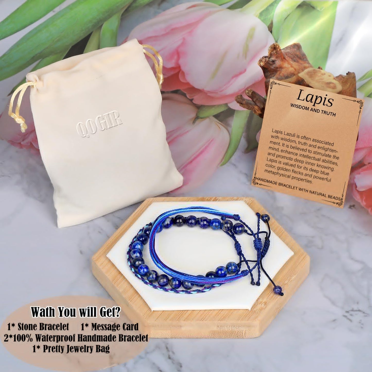 QOGIR Handmade Healing Bracelets for Women,8mm Natural Lapis Lazuli Gem Stone Beads Bracelet,for Men Women Gifts with 2PCS Size Adjustable Rope Bracelets