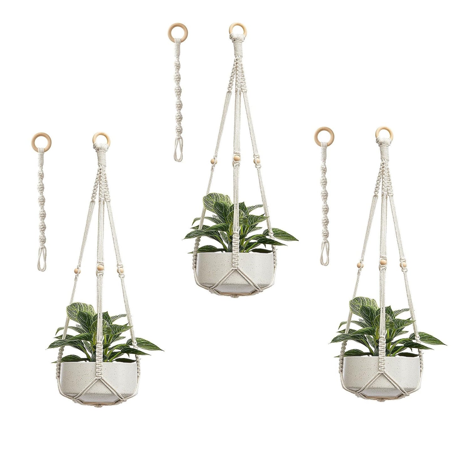 CADNLY Macrame Plant Hangers Indoor – Rope Hanging Plant Holder with Extender - Boho Hanging Planters Indoor - White Macrame Hanger Outdoor Flower Pot Holder from Ceiling Wall 3 Pack 6 Hooks