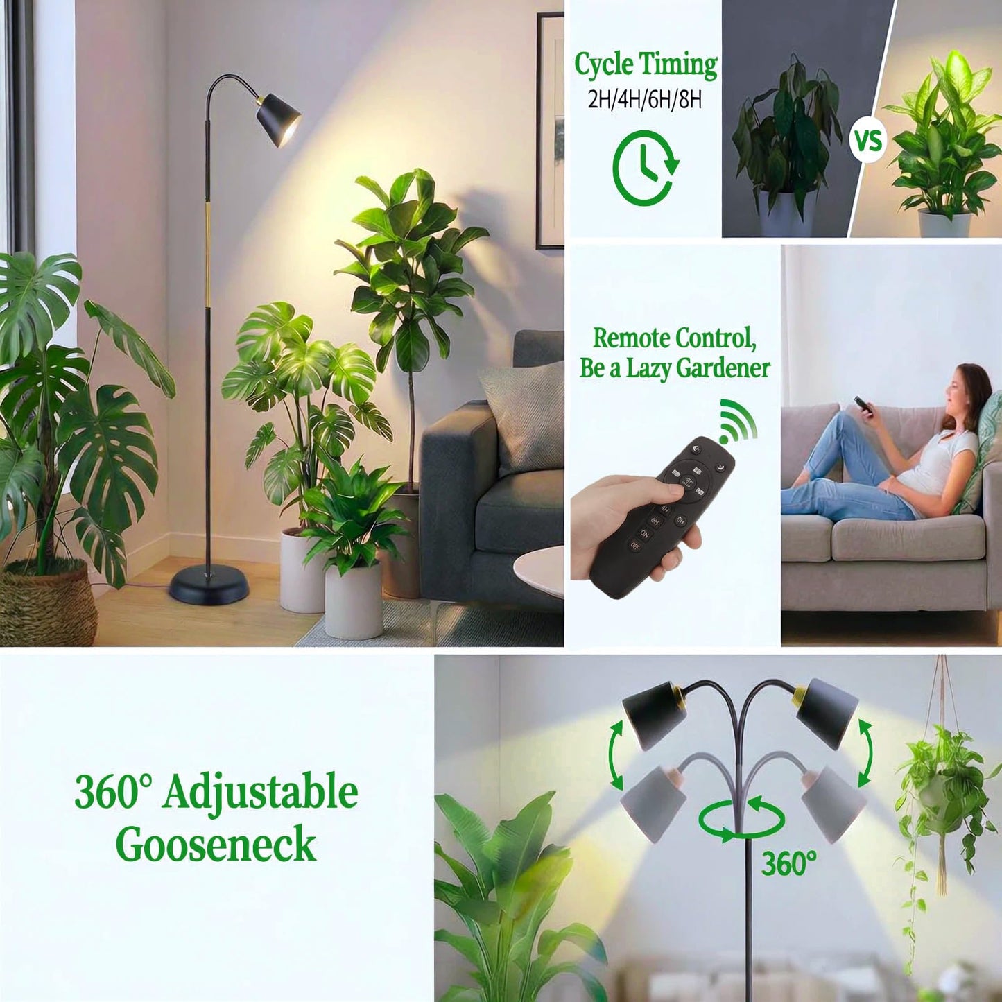 TheOneGrow Floor Lamp Grow Lights for Indoor Plants, Adjustable Height Tall Standing Plant Light with Remote & Timer, 360° Gooseneck, Full Spectrum Dimmable, Weighted Base