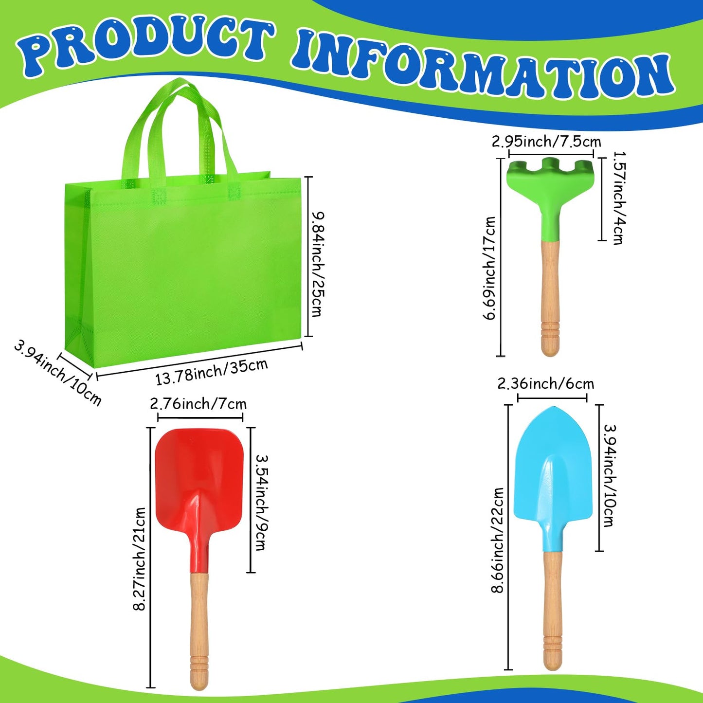 Liliful 40 Pcs Kids Gardening Tools Set Garden Rake Garden Shovel Gardener Trowel Green Tote Bags Metal Mini Gardening Tools with Wooden Handle Beach Sandbox Toy for Planting Loosening Digging