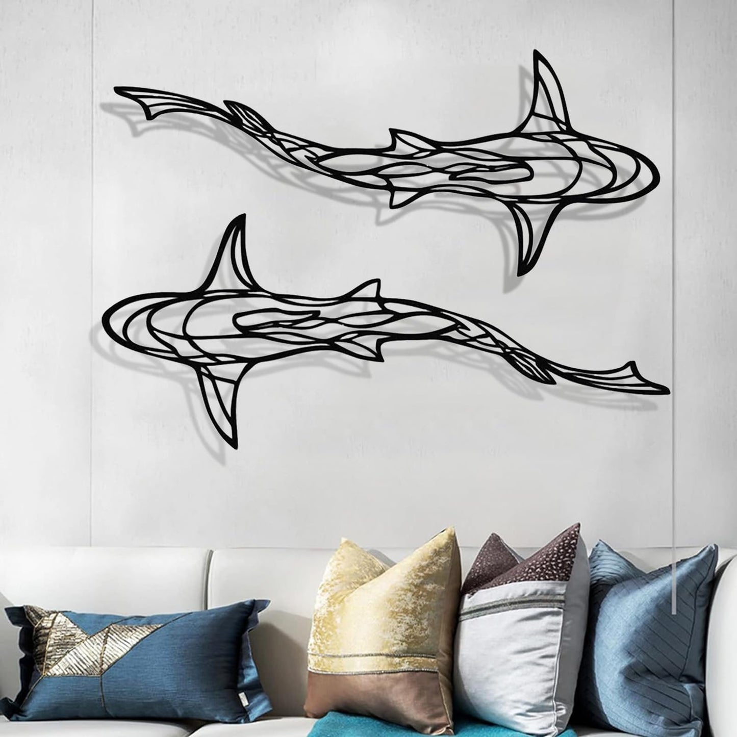 GDSPD Large 3D Metal Shark Wall Decor, Shark Line Wall Art, Metal Wall Art Decor, Metal Shark Sculpture, Ocean Fish Wall Hanging Shark Metal Wall Decor Art Wall Decorations for Living Room Bedroom (2 Pcs (Black))