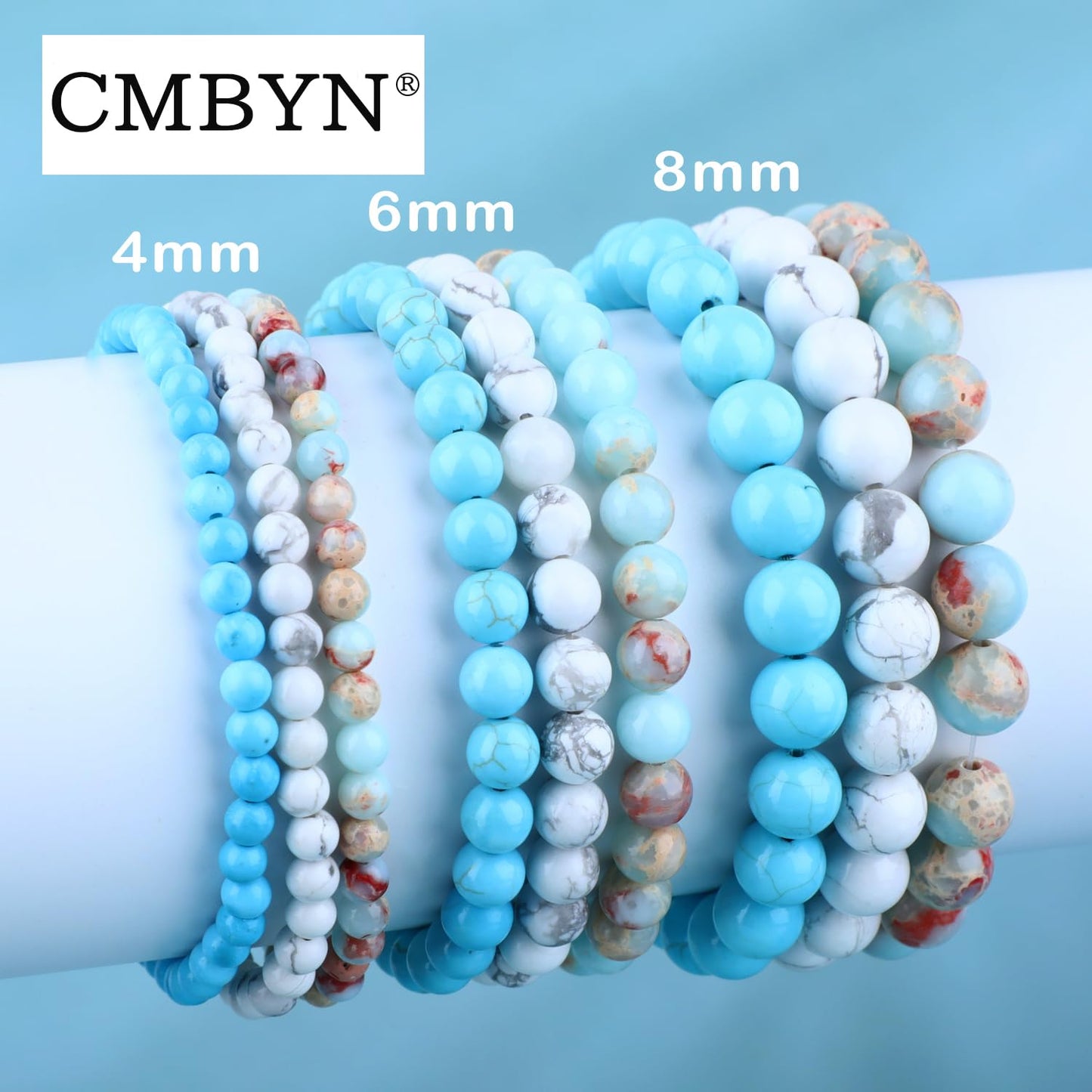 CMBYN 3-Pieces 4mm Natural Crystal Gemstone – Agalmatolite Jasper, Blue Turquoise, Howlite Handmade Reiki Energy Healing Stretch Bracelets Jewelry for Yoga, Meditation, Unisex