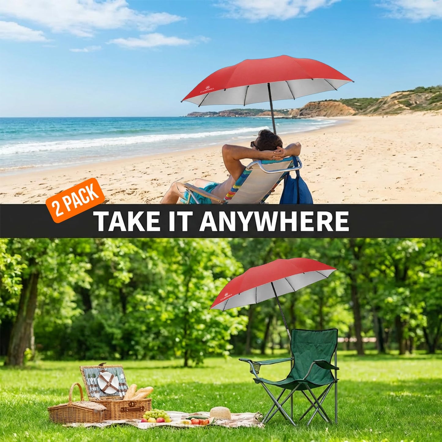 CAMPHILL 2 Pack Beach Umbrella with Clamp Sun Shade,Adjustable Umbrellas with Clip,UPF50+ Sunshade for Beach Chair,Stroller,Fishing,Camping,Patio,Wheelchair,Golf Carts,Red