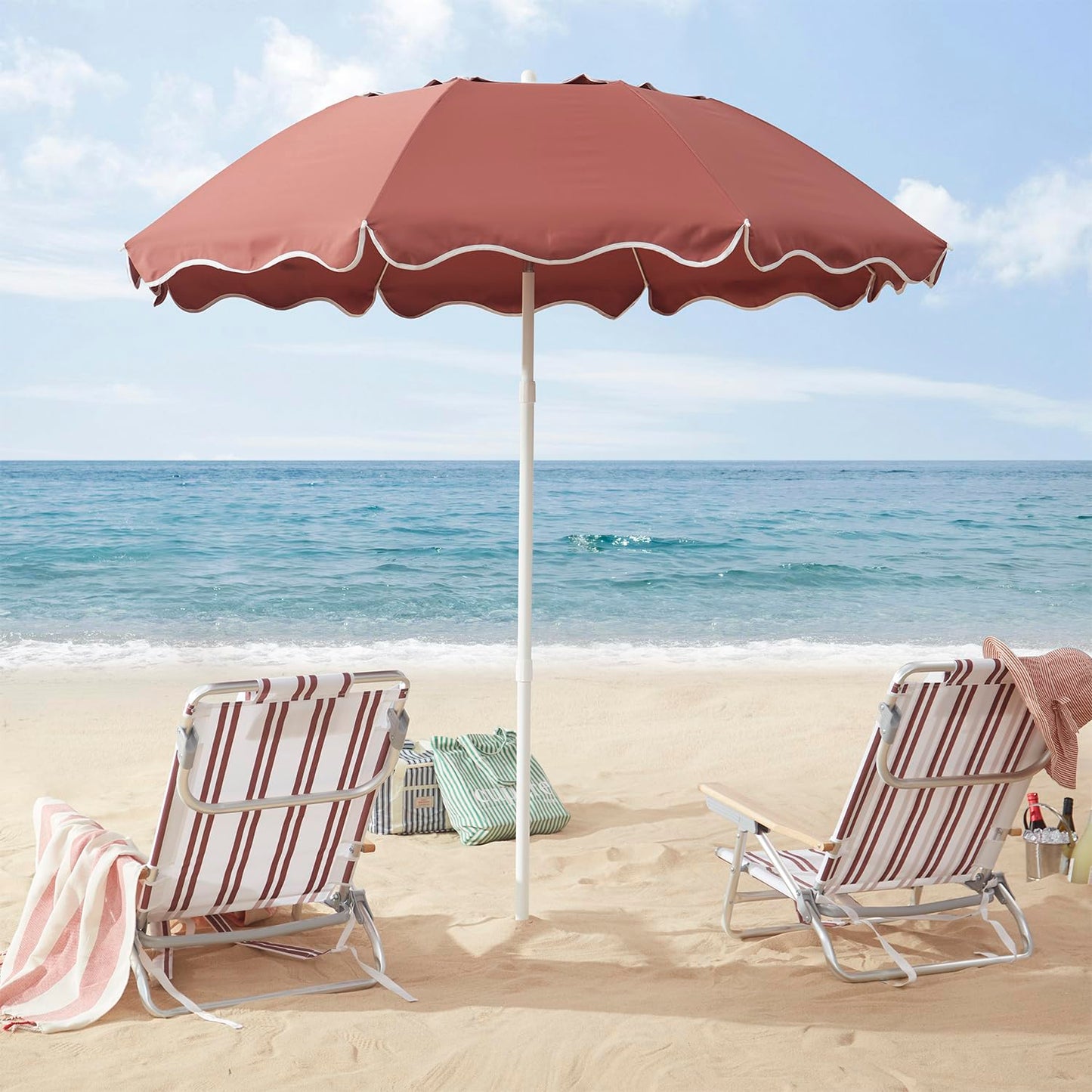 DEER LAND 7.2FT Patio Beach Umbrella, UPF 50+ Sun Protection, Adjustable Height and Tilt, Wind-Resistant Fiberglass Ribs, Portable 2-Fold Design, Includes Carry Bag, Base Not Included