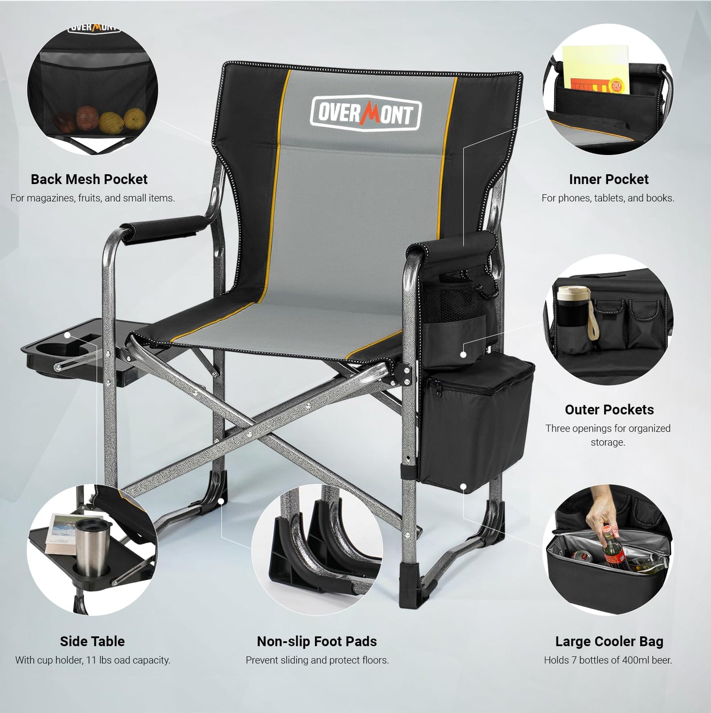 Overmont Oversized Lightweight Camping Chair - Portable Comfortable Heavy Duty Foldable Directors Chairs with Side Table & Cooler Bag for Outside Camp Beach Picnic Lawn and Fishing Supports 400lbs