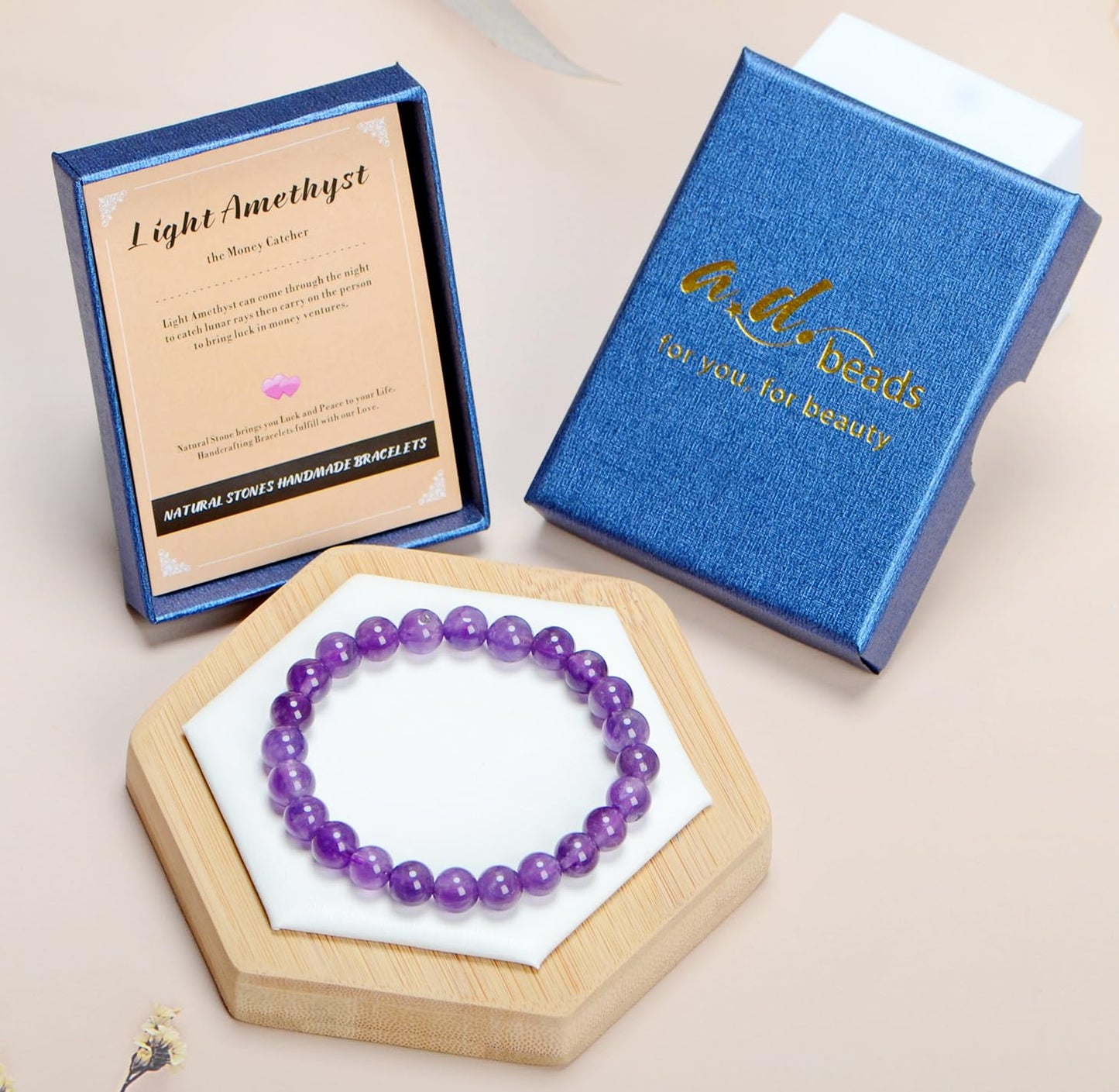 AD Beads Handmade Gemstone Stretch Elastic Bracelet Crystal Healing Reiki Nature's Beauty and Spiritual Essence Unisex (8mm, Purple Amethyst)