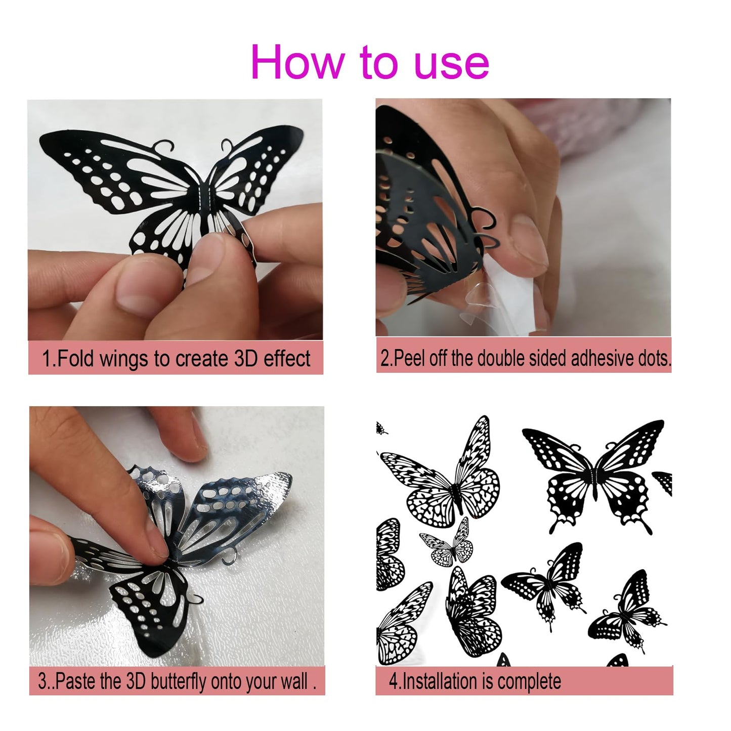 JOSDIOX 3D Black Butterfly Wall Stickers - 48 Pcs with 4 Styles & 3 Sizes, Removable Decor for Party Birthday Wedding Cake Balloon Decoration(48 Black