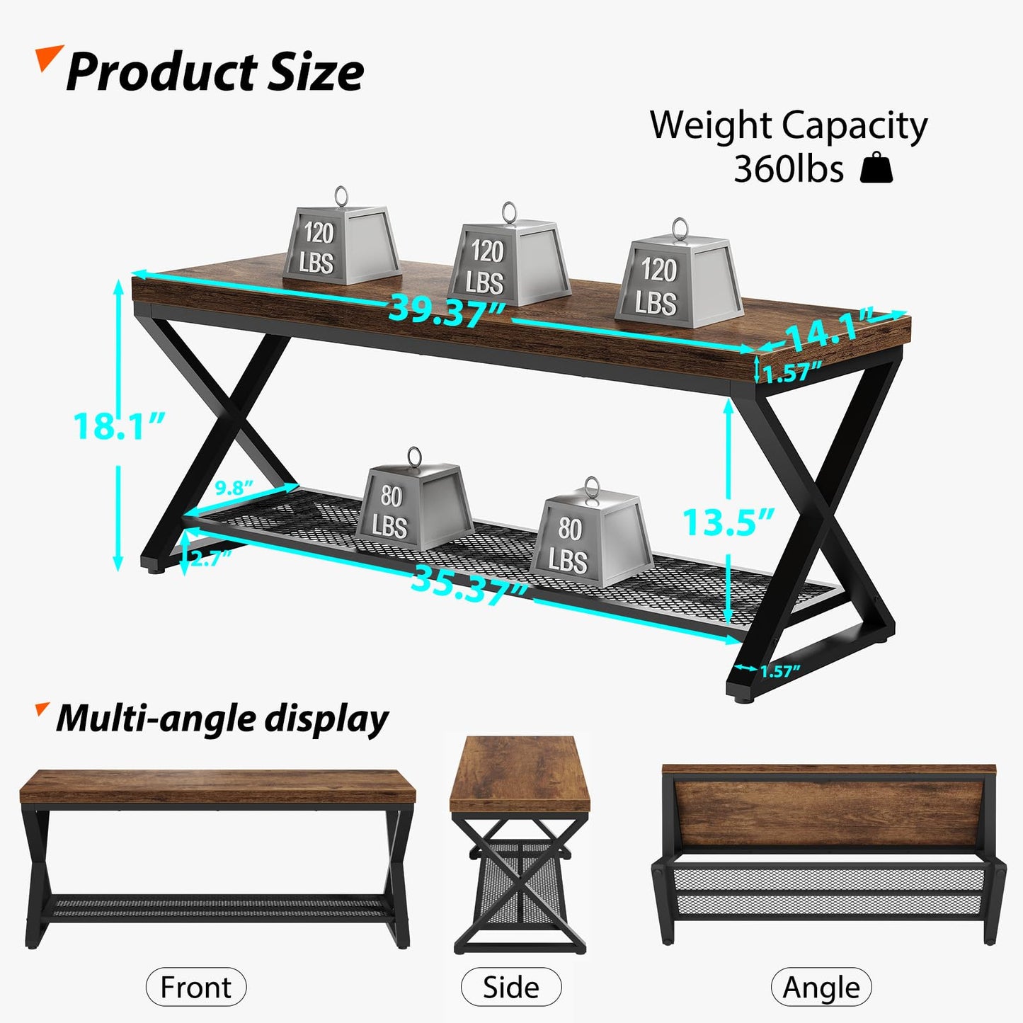 LVB Rustic Entryway Bench with Shoe Storage, Wooden and Metal Shoe Bench with Seating, Industrial Indoor Bench for Living Room Bedroom, Shoe Rack Bench for Foyer Hallway Entrance, Rustic Brown, 39 in