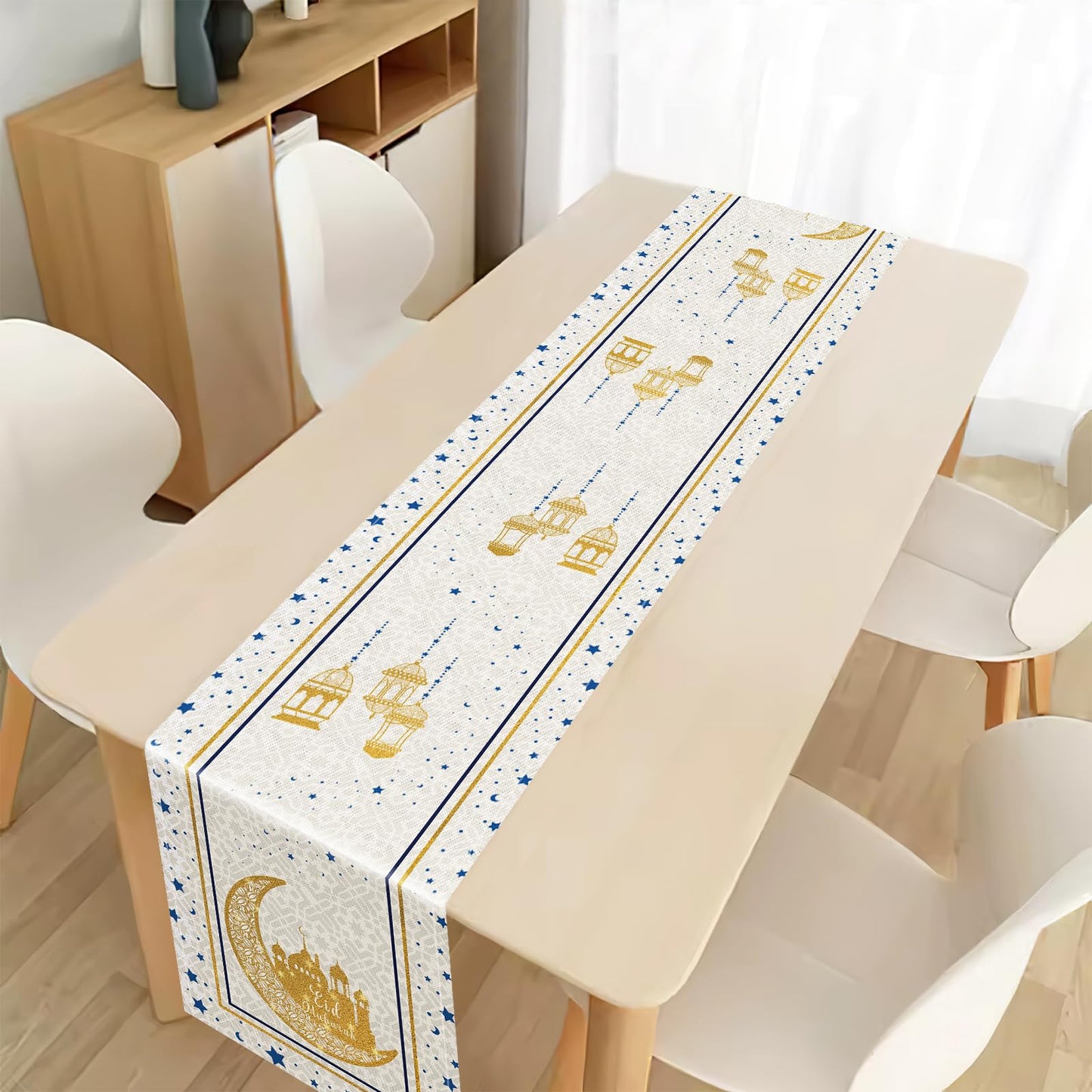Eid Mubarak Table Runner Decoration, Ramadan Mosque Gold Moon Stars Islamic Happy Holiday for Dining Party Table Decorations Home,13x72 Inches (Beige)