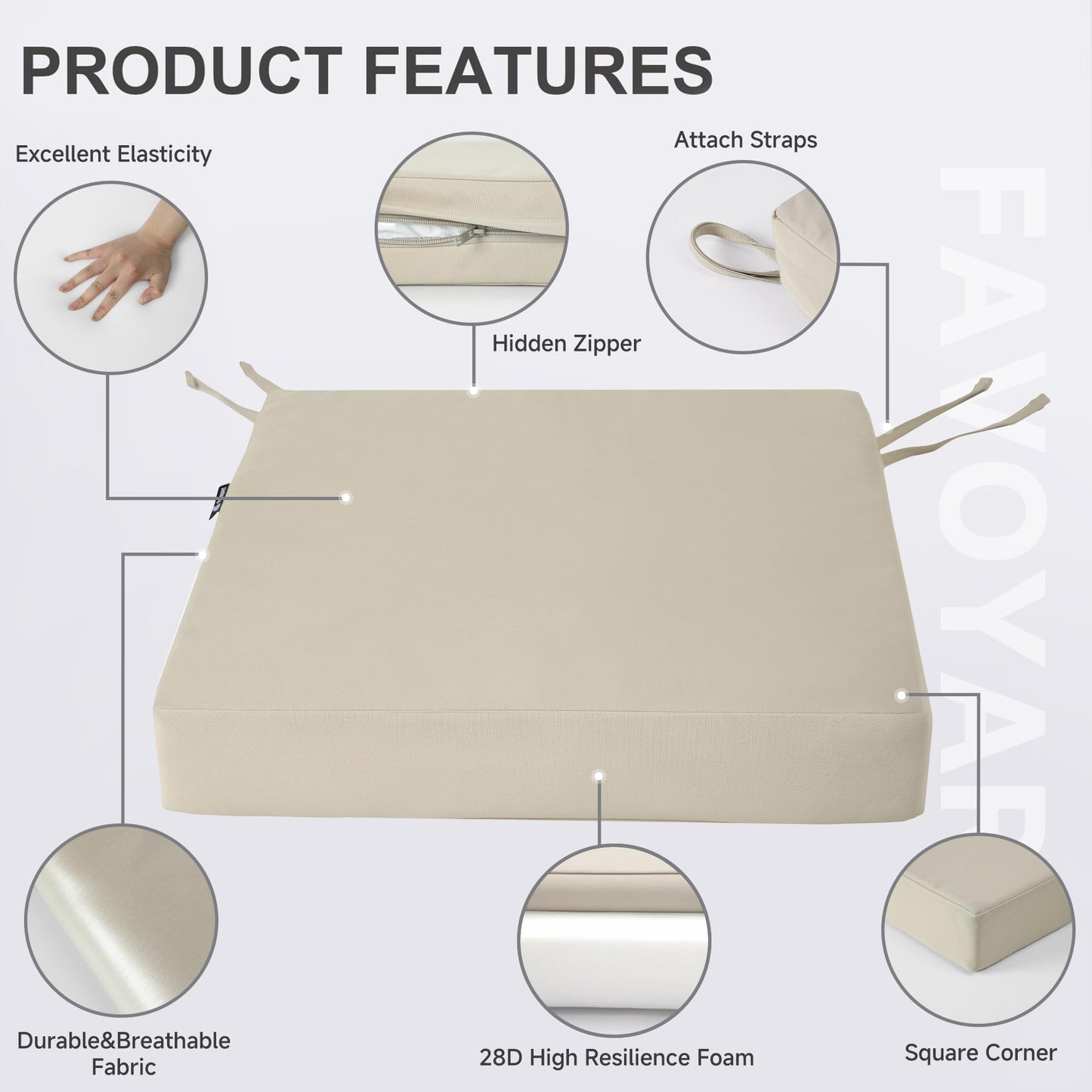 Favoyard Patio Chair Cushions 19 x 19 x 3 Inch Waterproof Outdoor Seat Cushions for Patio Furniture 3-Year Color Fastness Garden Sofa Couch Chair Pads with Handle & Adjustable Straps Set of 2, Beige