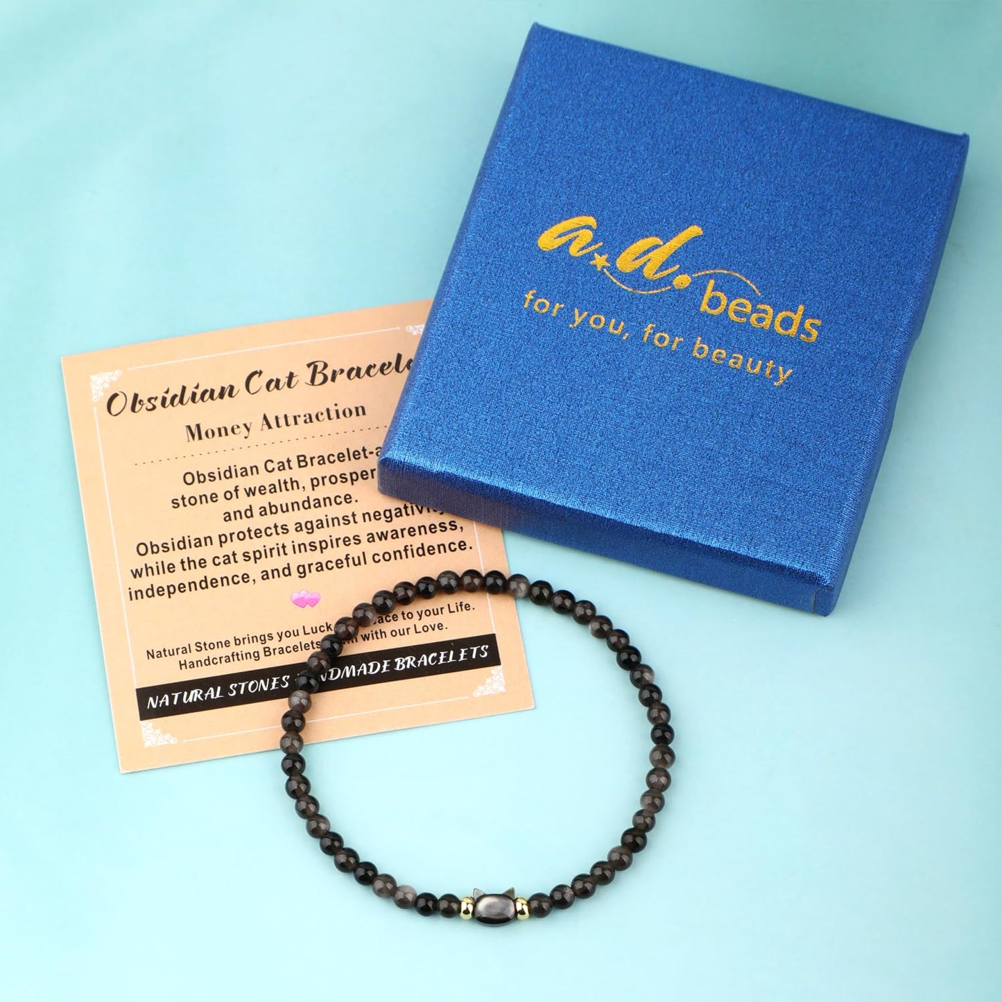 AD Beads 4mm Cat Head Silver Obsidian Bracelet โ Attract Money, Abundance & Business Luck, Beaded Spiritual Energy Bracelet for Women and Men