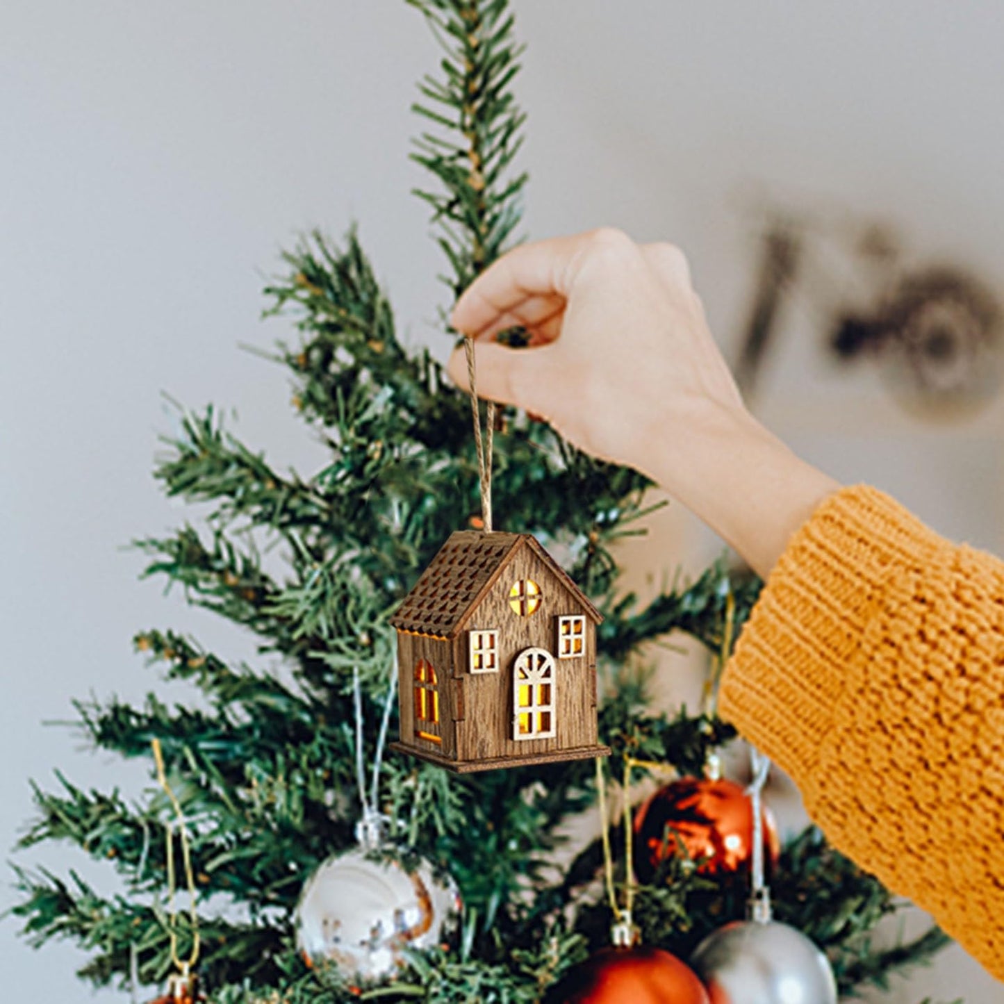 Wooden House Christmas Ornament, Hanging Farmhouse Christmas Tree Decoration Ornaments