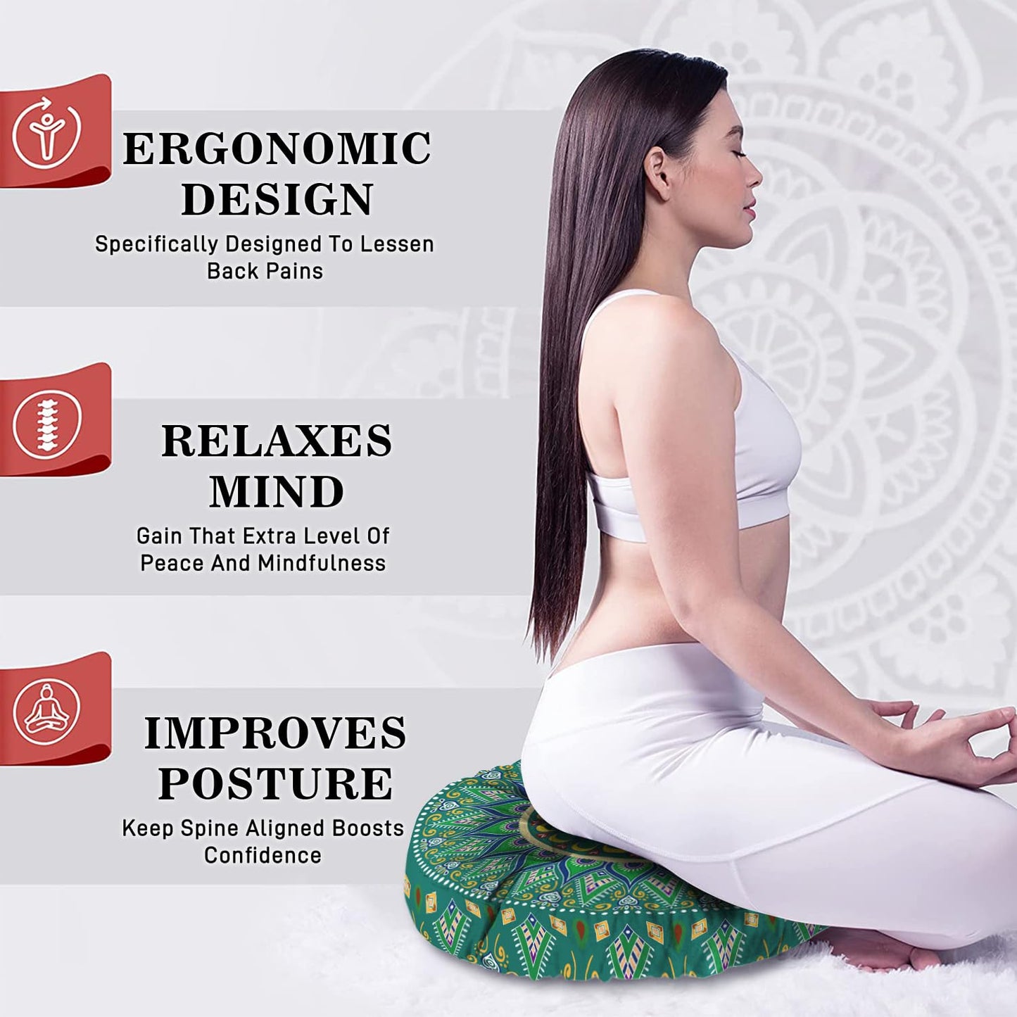 Mandala Meditation Cushion, Boho Meditation Mat, Meditation Pillows for Sitting on Floor, Cushions for Sitting in Home and Outdoor, Round Floor Pillows Cushion Seating for Yoga Accessories 22'' X 22''