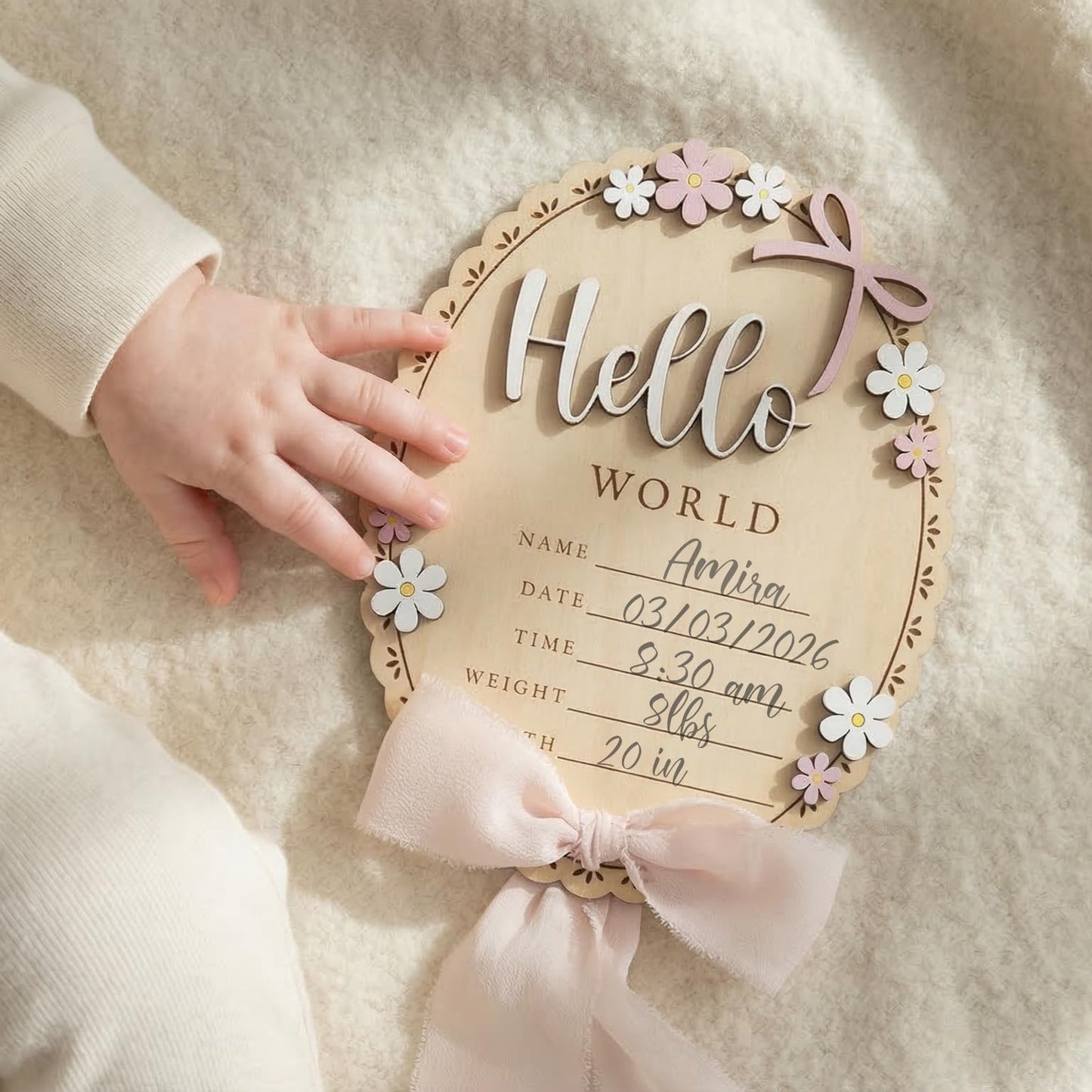 TTMerriwood Baby Announcement Sign with Stand & Marker – Hello World Wooden Name Plaque for Newborn Photoshoot, Baby Shower, Rustic Keepsake Birth Stat Sign for Hospital Birth Announcement (Light pink ribbon)