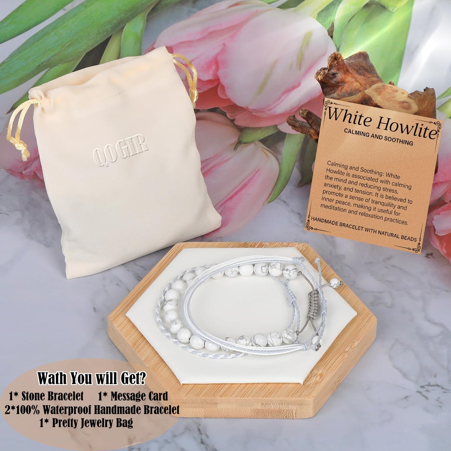 QOGIR Handmade Healing Stones Bracelet,8mm Natural White Howlite Gemstone Beads Bracelet,for Men Women Gifts with 2PCS Size Adjustable Rope Bracelets