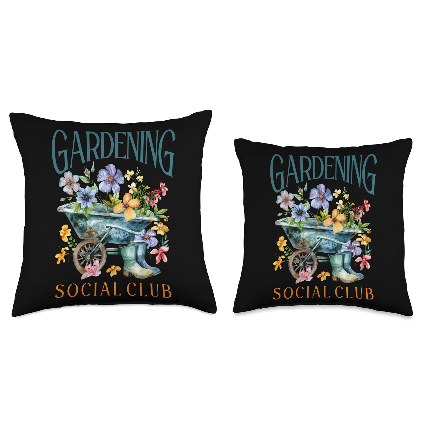 Gardening Social Club Colorful Flowers Wheelbarrow Throw Pillow