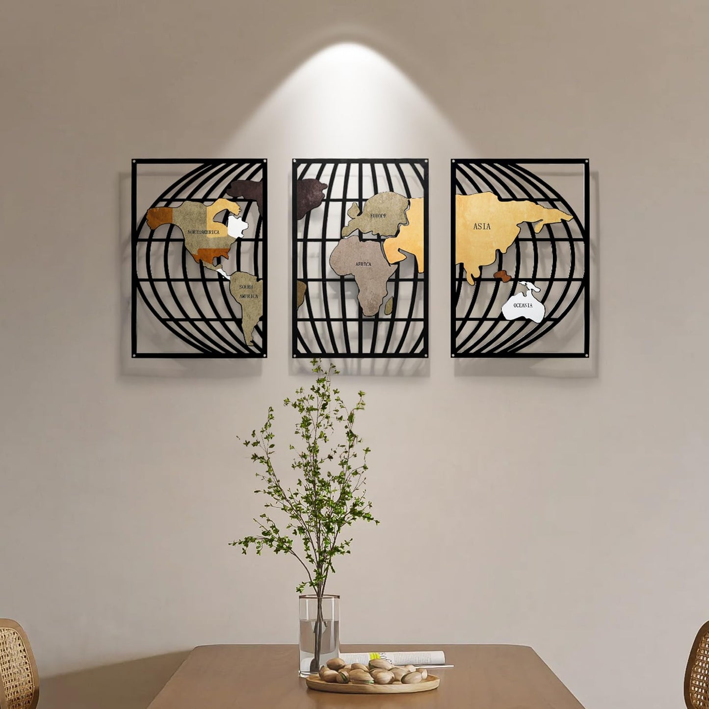 FIXNEO Metal Wall Art 3 Piece World Map Wall Art for Living Room Modern Globe Pictures Design Decor for Living Room Home Bathroom Office (World Map, 31.8"*15.74")